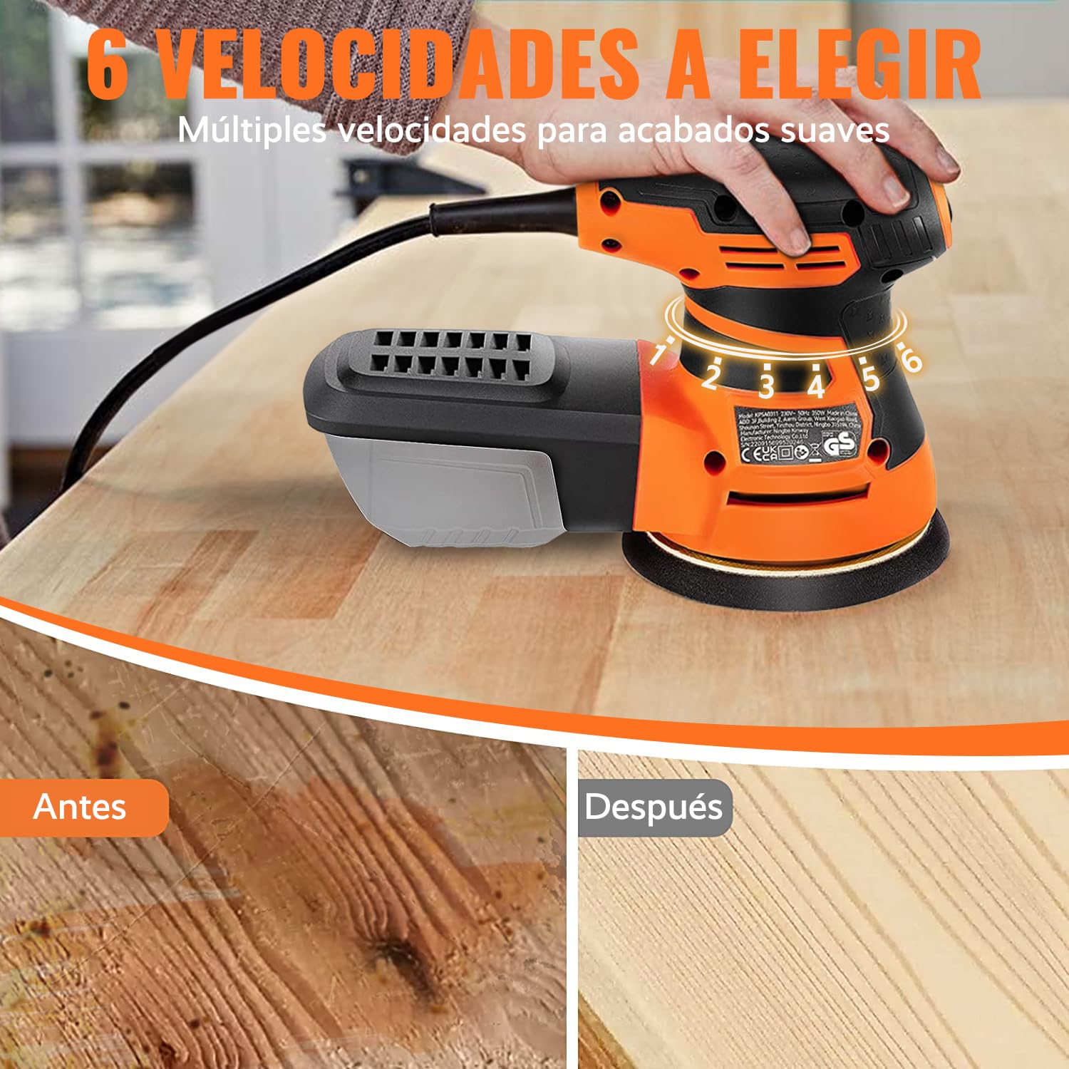 Lijadora Orbital Aleatoria RAMSPIT 2.8A 350W con Caja de Polvo Ciclónica y 15 Hojas de Lijado