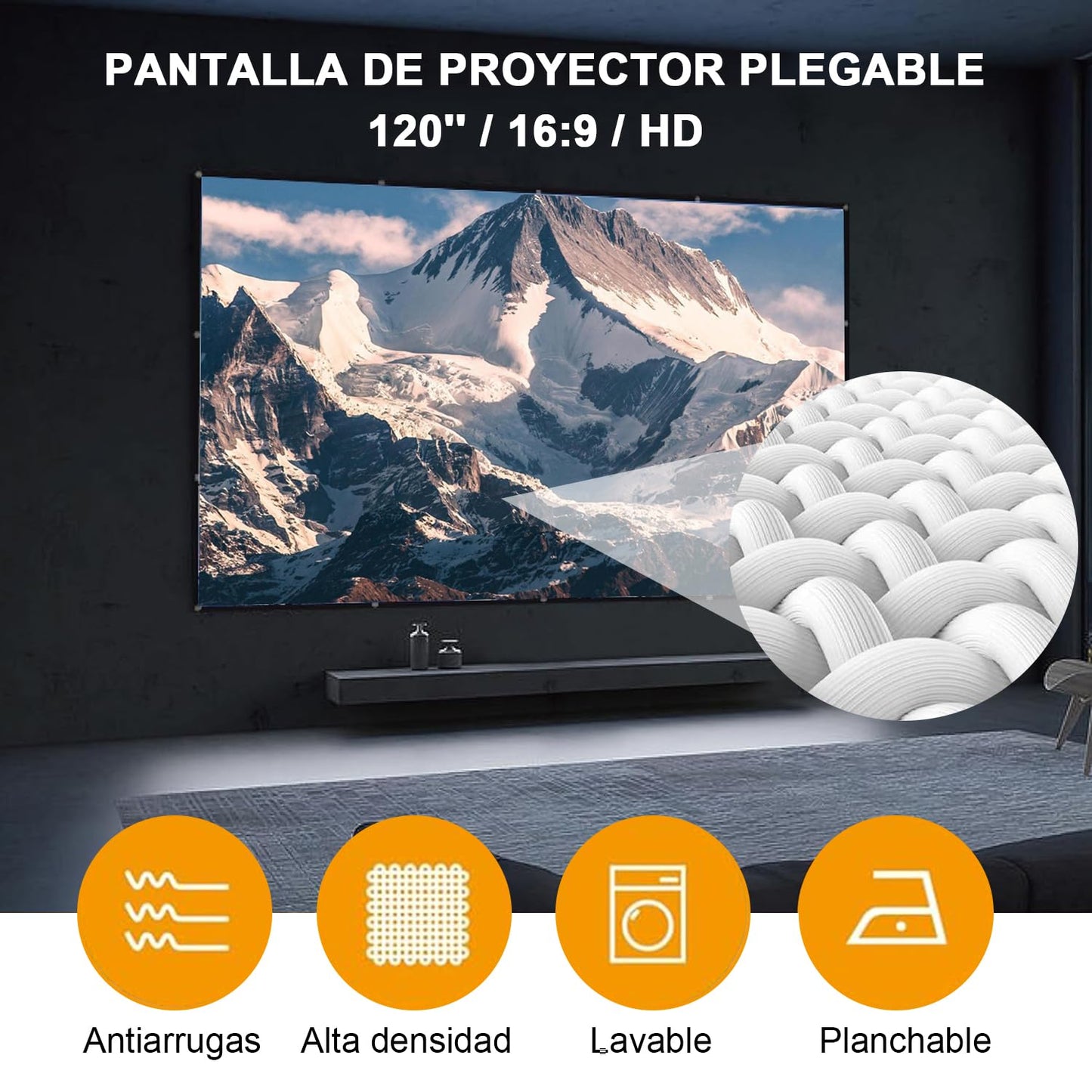 AOMDEXS Pantalla para Proyector, Tela para Proyector, 120 Pulgadas, Antiarrugas, HD 4K Lona para Proyector, Pantalla de Cine Plegable para Interior y Exterior (espesante)
