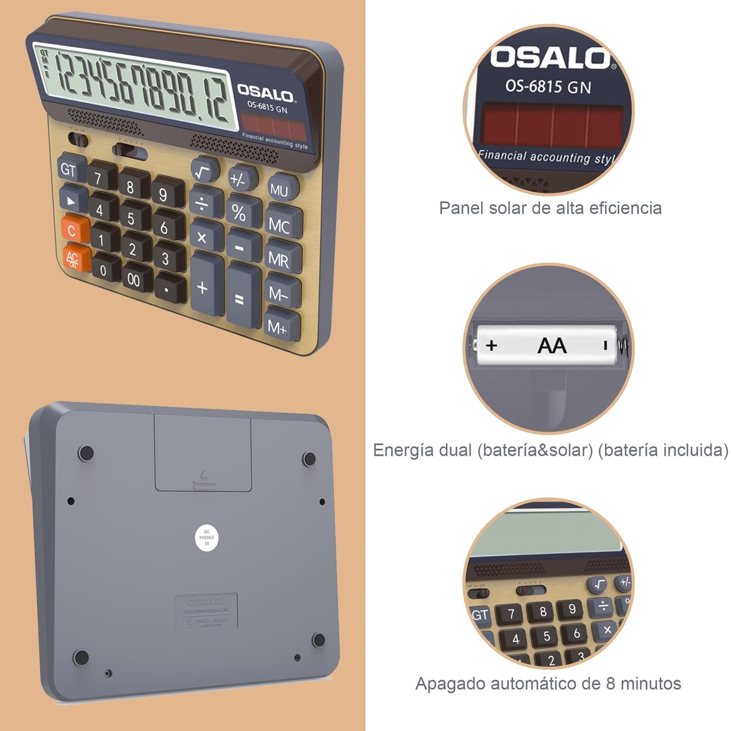 Calculadora de Escritorio Pantalla LCD Extra Grande de 5 Pulgadas Calculadora de Contabilidad de números Grandes de 12 dígitos con botón de Respuesta Gigante, para Office Business Home (OS-6815GN)