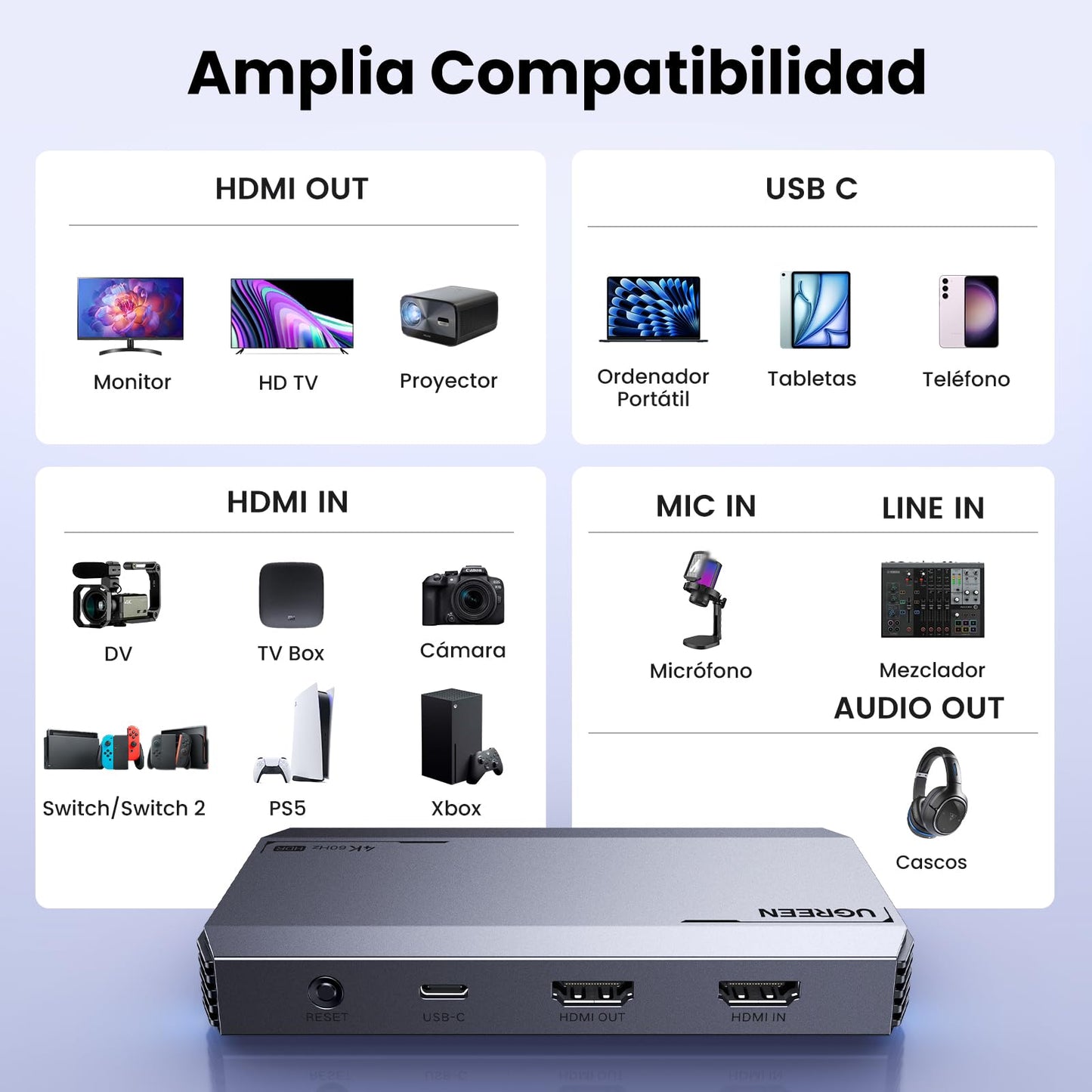 UGREEN 4K@60Hz Capturadora de Video, HDMI a USB C Tarjeta de Captura Full HD 1080P@120Hz, USB 3.0 con VRR y HDR para Transmisión, Juegos, Compatible con Switch 2, PS5 PS4 Xbox Series X/S, DSLR Camera