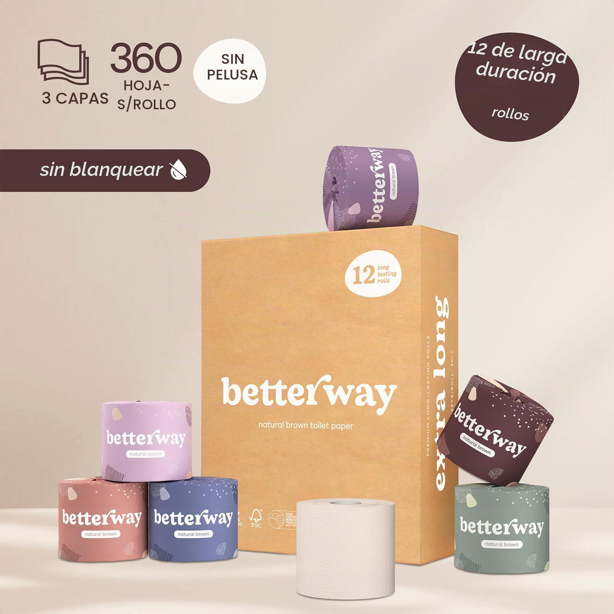 Papel Higiénico Betterway Bambú Ecológico 3 Capas Orgánico FSC Larga Duración