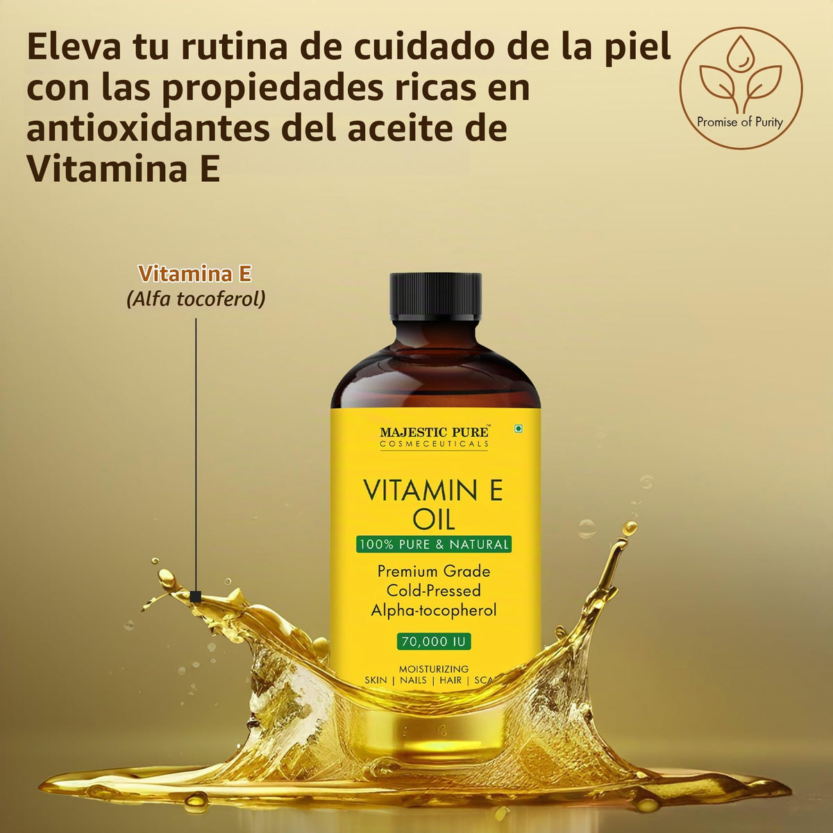 MAJESTIC PURE- Aceite de vitamina E - 100% puro y natural, 20 000 UI | Calidad prémium, prensado en frío y tocoferol para reparar