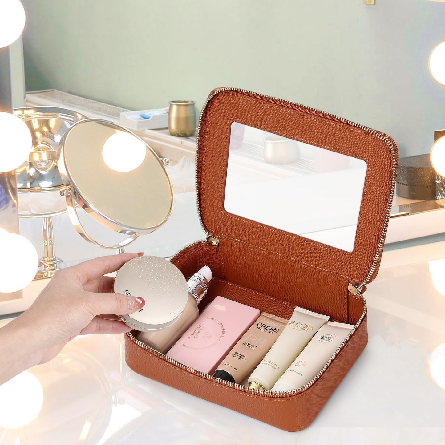 LOFOWN - Bolsa de maquillaje transparente con cierre para mujer, impermeable, bolsa de cosméticos de viaje y neceser, organizador de maquillaje portátil, artículos esenciales para el coche, Marrón, L+