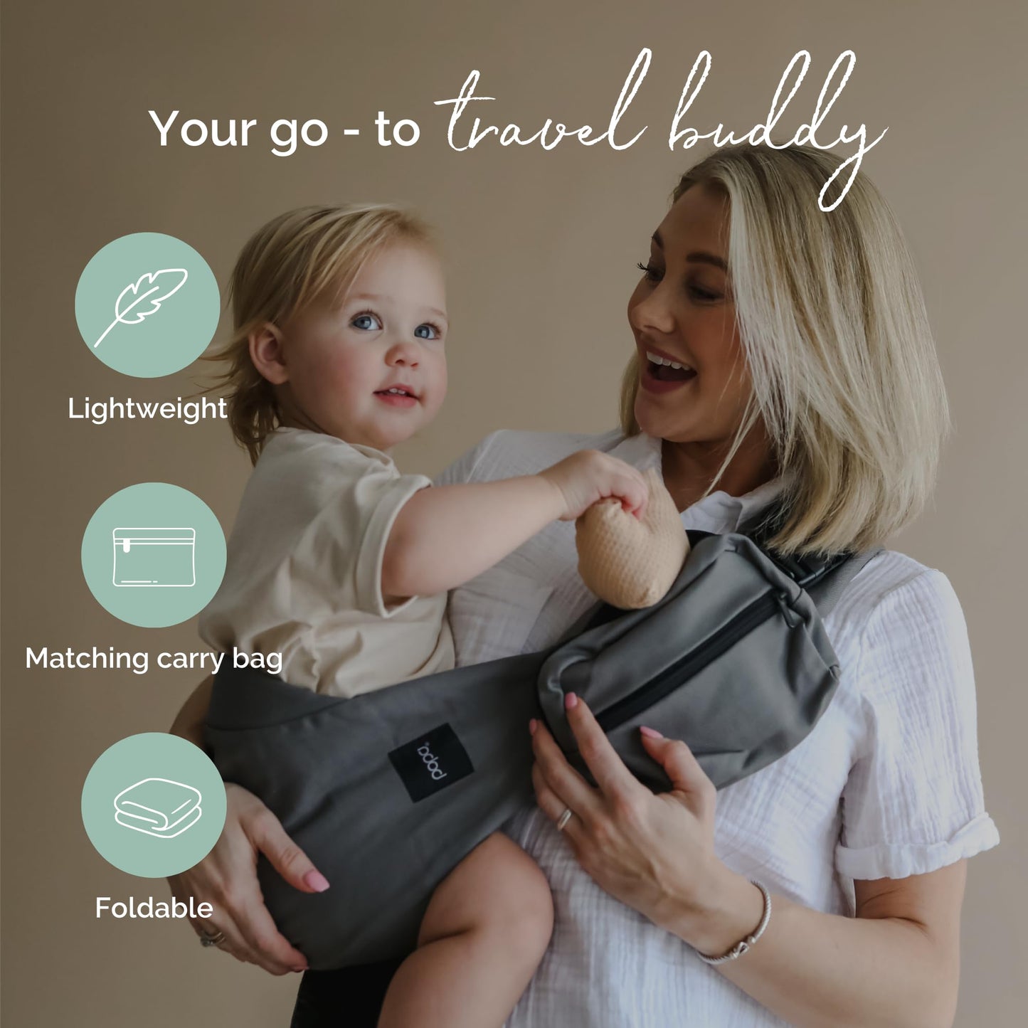 Boba Buddy - Sling portabebés 100% algodón, ergonómico con correas ajustables, hebilla de seguridad y asiento espacioso, incluye bolsa de transporte a juego (9-48 meses/18-44 libras) - Gris