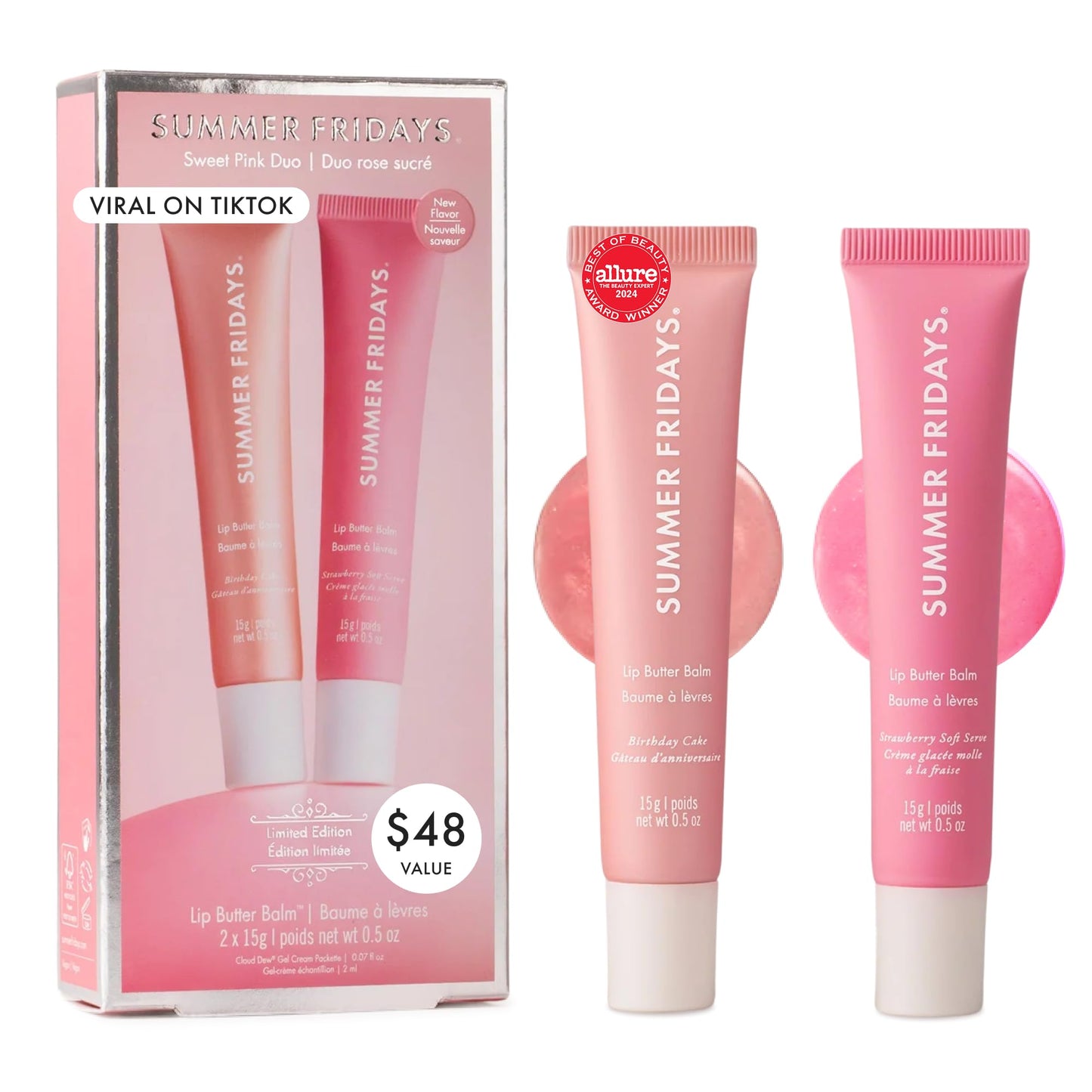 Summer Fridays Sweet Pink Lip Butter Balm Duo, Bálsamo Labial Hidratante, Edición Limitada Birthday Cake y Strawberry Soft Serve, 2 Piezas de 15g
