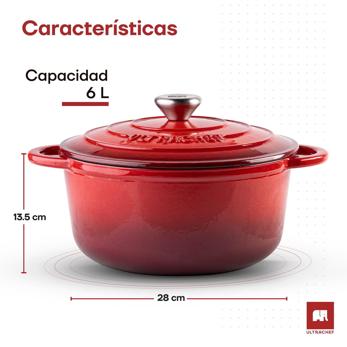 ULTRACHEF Olla de Hierro Fundido Esmaltado para Estufa y Horno | Horno Holandés Cubierto de Hierro Fundido | Dutch Oven | Redonda | Tamaño 28 cm, Capacidad 6 Litros, Rojo