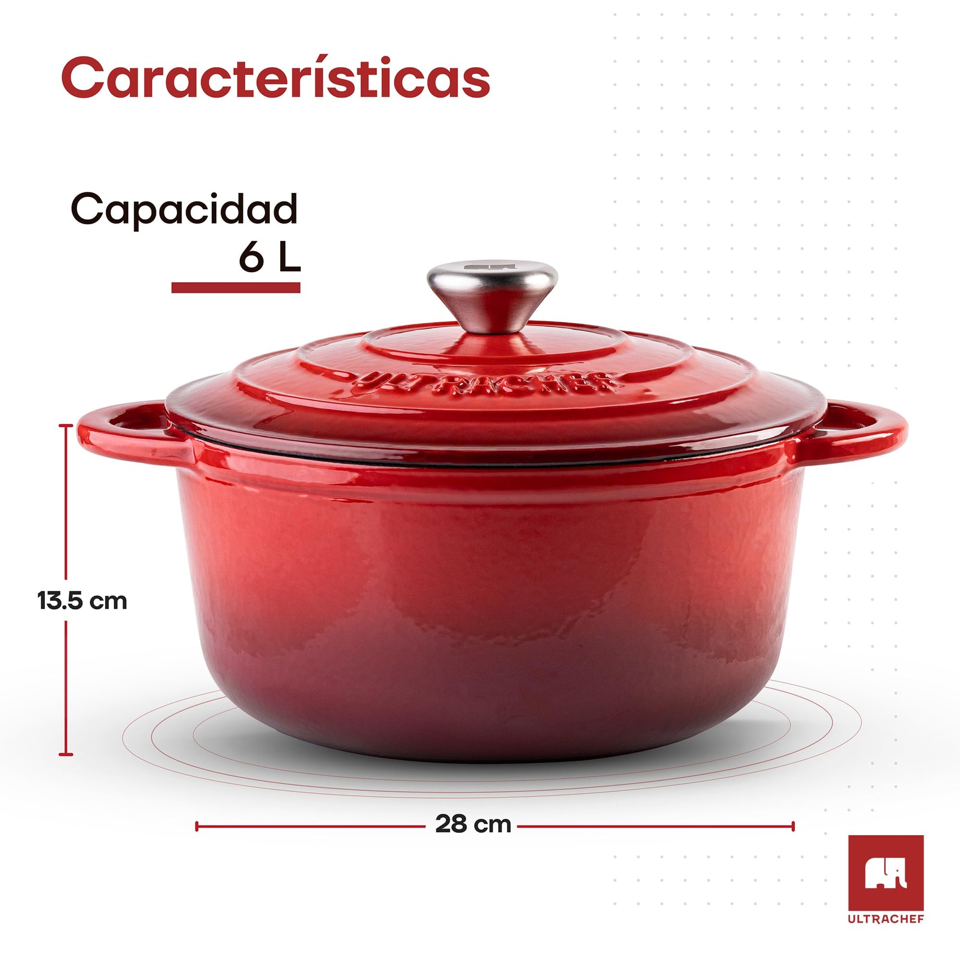ULTRACHEF Olla de Hierro Fundido Esmaltado para Estufa y Horno | Horno Holandés Cubierto de Hierro Fundido | Dutch Oven | Redonda | Tamaño 28 cm, Capacidad 6 Litros, Rojo