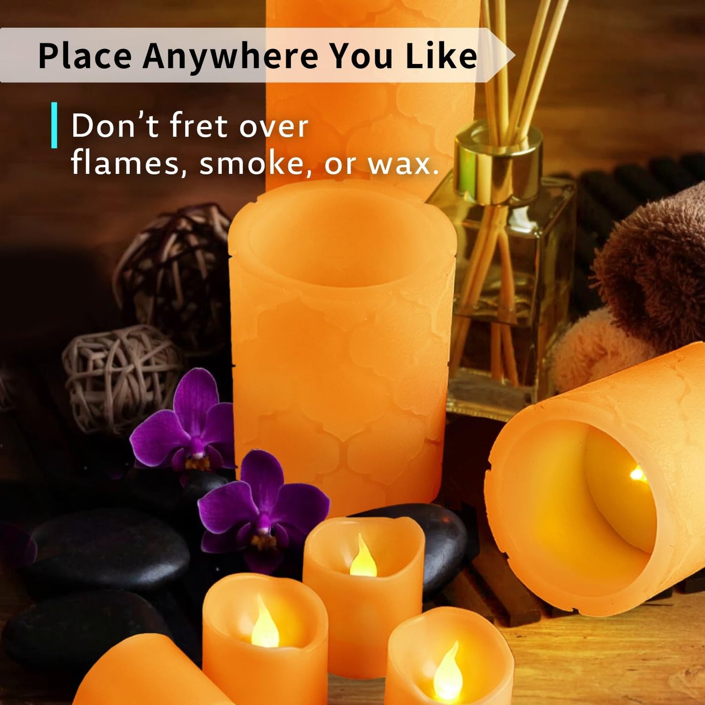 Furora Lighting - Velas LED de cera real, control remoto y temporizador, paquete de 8 (4 pilares y 4 votivas), velas sin llama con parpadeo para el hogar, incluye pilas, naranja, (Orange Nordic)