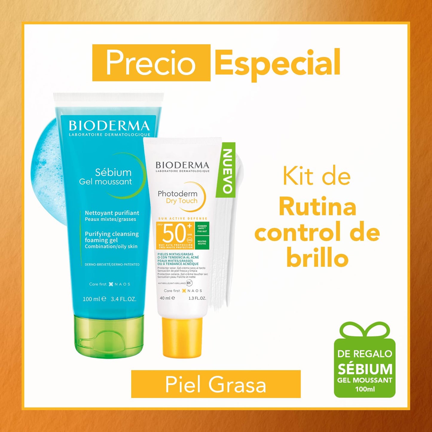 BIODERMA, Pack Protector Solar Piel Mixta Grasa, Photoderm Dry Touch Neutro, Limpiador Facial Sébium Gel Moussant