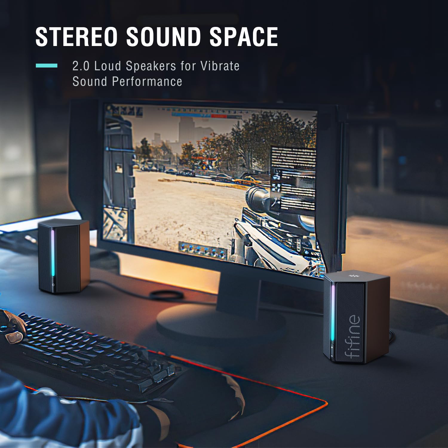 FIFINE - Altavoces de computadora de computadora con control de volumen, altavoces RGB para juegos con cable de audio auxiliar de 3,5 mm para laptop, monitor, teléfono, tablet, AmpliGame A20