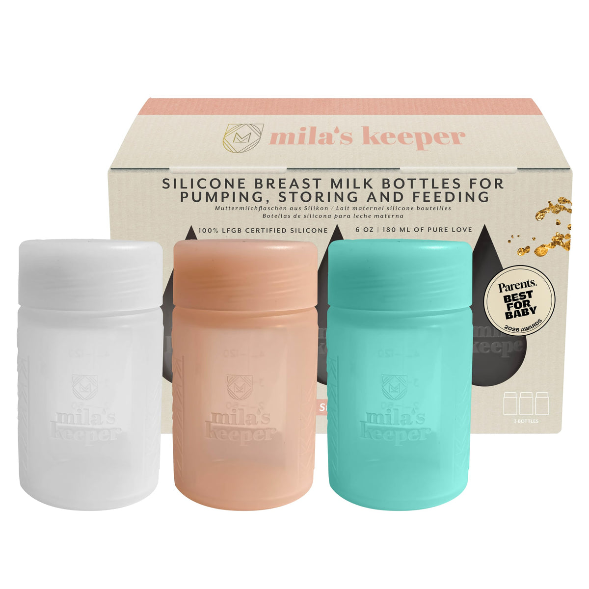 Mila's Keeper - Botellas de almacenamiento de leche materna de silicona premium, para bombeo, almacenamiento y alimentación, se adapta a bombas y pezones líderes, recipientes de almacenamiento de