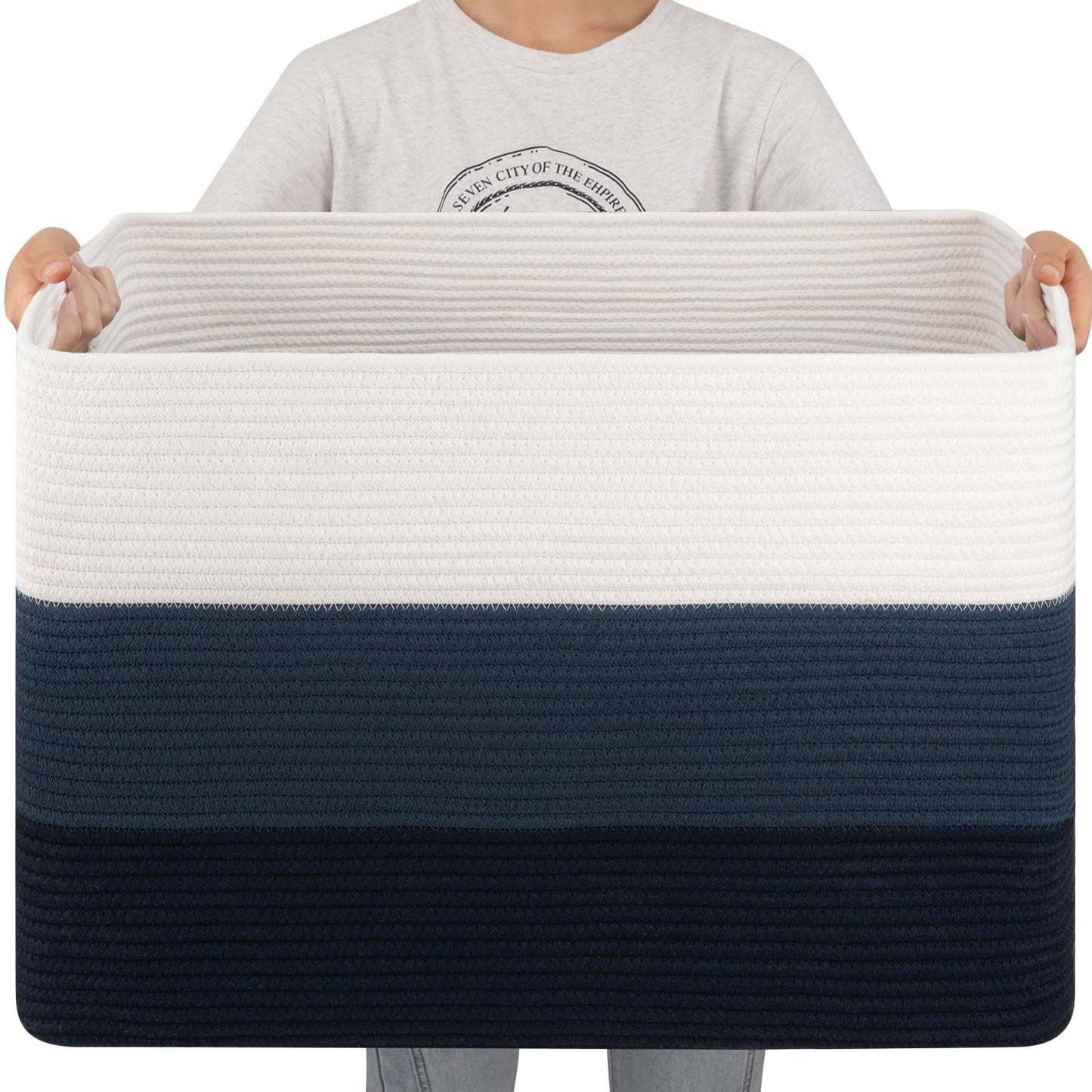 OIAHOMY - Cesta de manta súper grande de 108 litros, 25 x 16 x 16 pulgadas, cestas tejidas rectangulares para almacenamiento, cesta de cuerda de algodón para sala de estar, almacenamiento de juguetes