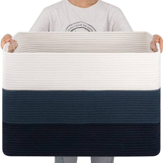 OIAHOMY - Cesta de manta súper grande de 108 litros, 25 x 16 x 16 pulgadas, cestas tejidas rectangulares para almacenamiento, cesta de cuerda de algodón para sala de estar, almacenamiento de juguetes