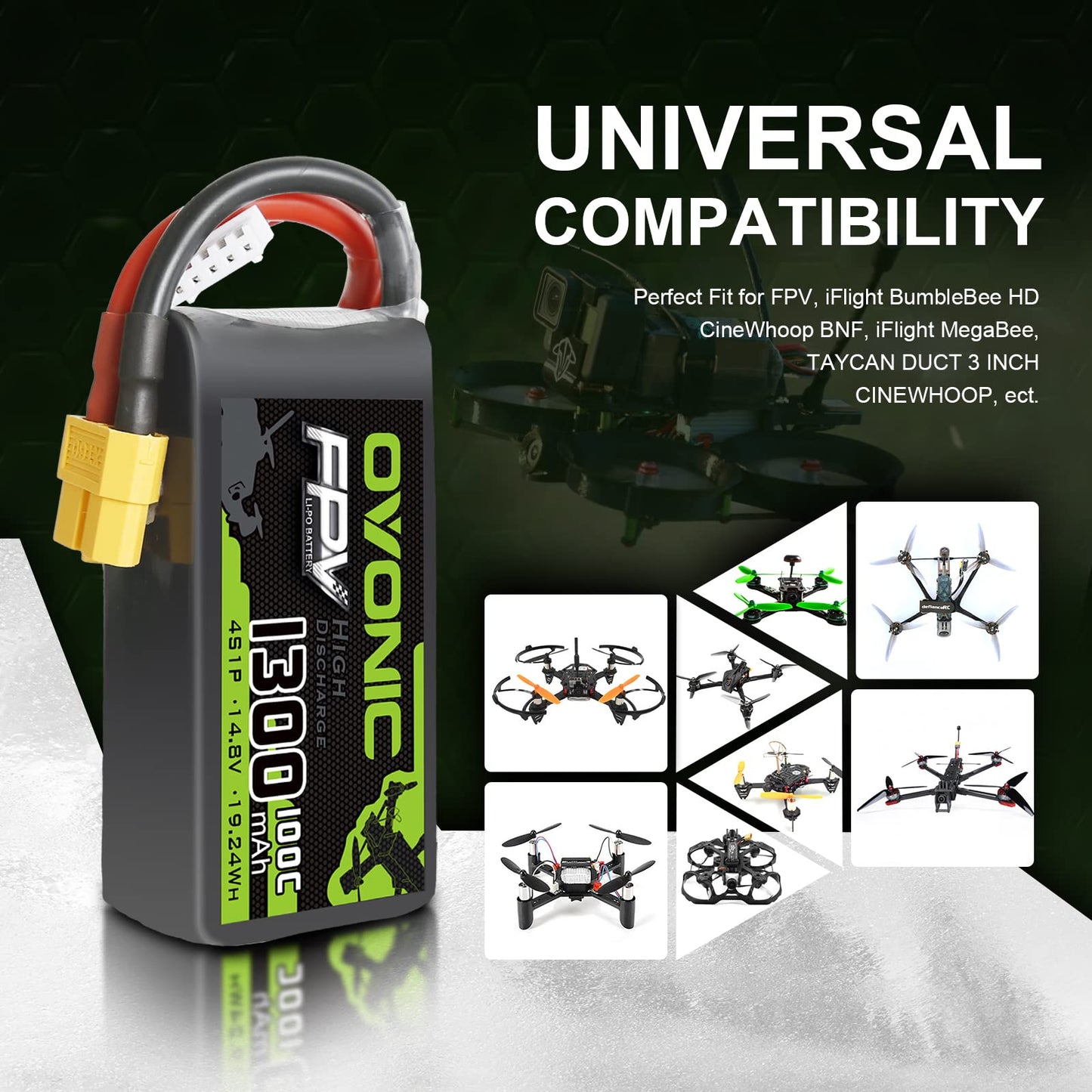 Batería Lipo OVONIC 4s 100C 1300mAh 14.8V con conector XT60 para Drone RC FPV Racing Quadcopter