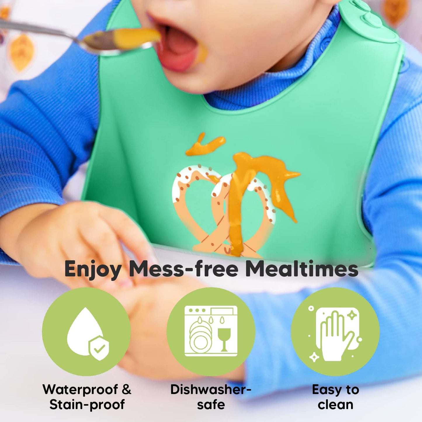 Silicone Baby Bibs - Waterproof, Easy Wipe Silicone Bib for Babies, Toddlers - Baby Feeding Bibs with Large Food Catcher Pocket - Travel Bibs Set for Boys, Girls - Food Grade BPA Free (Pretzel)
