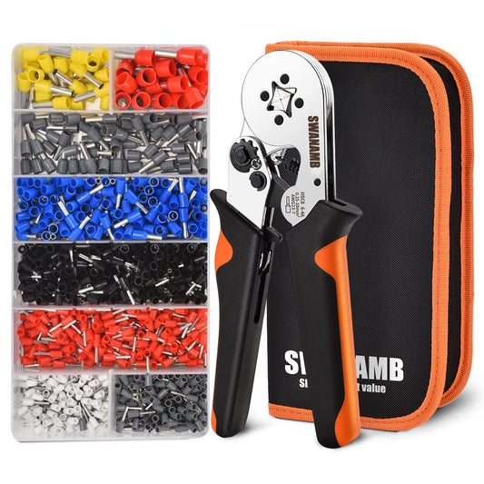 Kit de herramientas de prensado de virola con bolsa Oxford, 1200 terminales de cobre y herramienta de carraca autoajustable – Juego de alicates de crimpado de alambre para virolas de extremo de