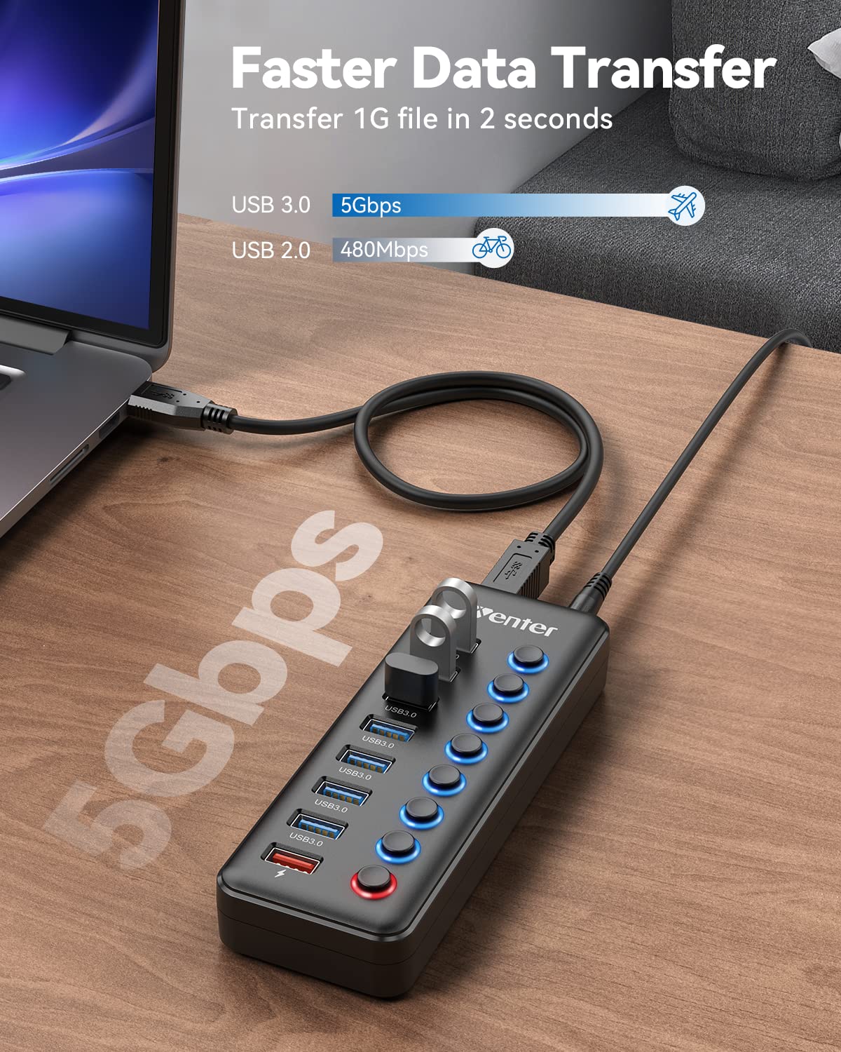 Hub USB alimentado 3.0, Wenter 8 puertos USB Splitter Hub (7 puertos de transferencia de datos más rápidos + 1 puerto de carga inteligente) con interruptores LED individuales de encendido/apagado, Hub