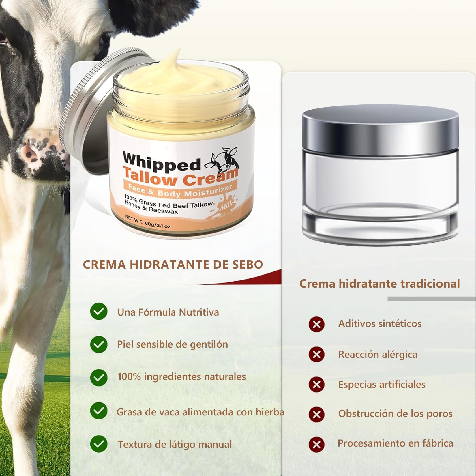 Crema de Cebo de Res con Balsamo de Miel: Sebo de Res Sebo de Res para La Cara-Crema Facial con Acabado de Pasto de Animales Alimentados con Pasto,Cuidado de La Piel Profundamente Nutritiv 2 Botellas