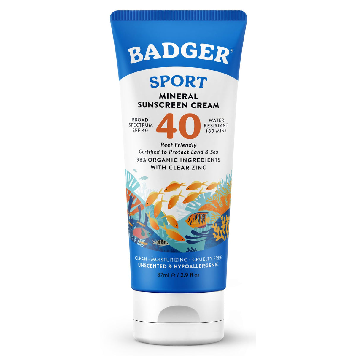 Badger Protector Solar Seguro Para Arrecifes, Sin Perfume, Fps 40, Mineral, 98% Orgánico, Zinc Resistente Al Agua, Aprobado Para Los Arrecifes De Hawái Y México, 85 Ml (2.9 Onzas Líquidas).