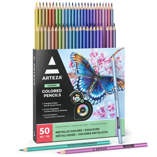 ARTEZA - Lápices de colores metálicos, 50 lápices para colorear, agarre triangular, juego de lápices metálicos preafilados, suministros de arte para dibujar