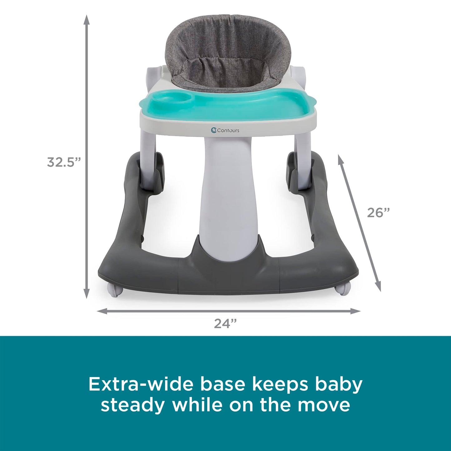 Contours Graze 2 en 1 - Caminante plegable para bebés y bebés, diseño sentado o caminando, almohadilla de asiento extraíble y lavable y bandeja de aperitivos, almohadilla de asiento ajustable en