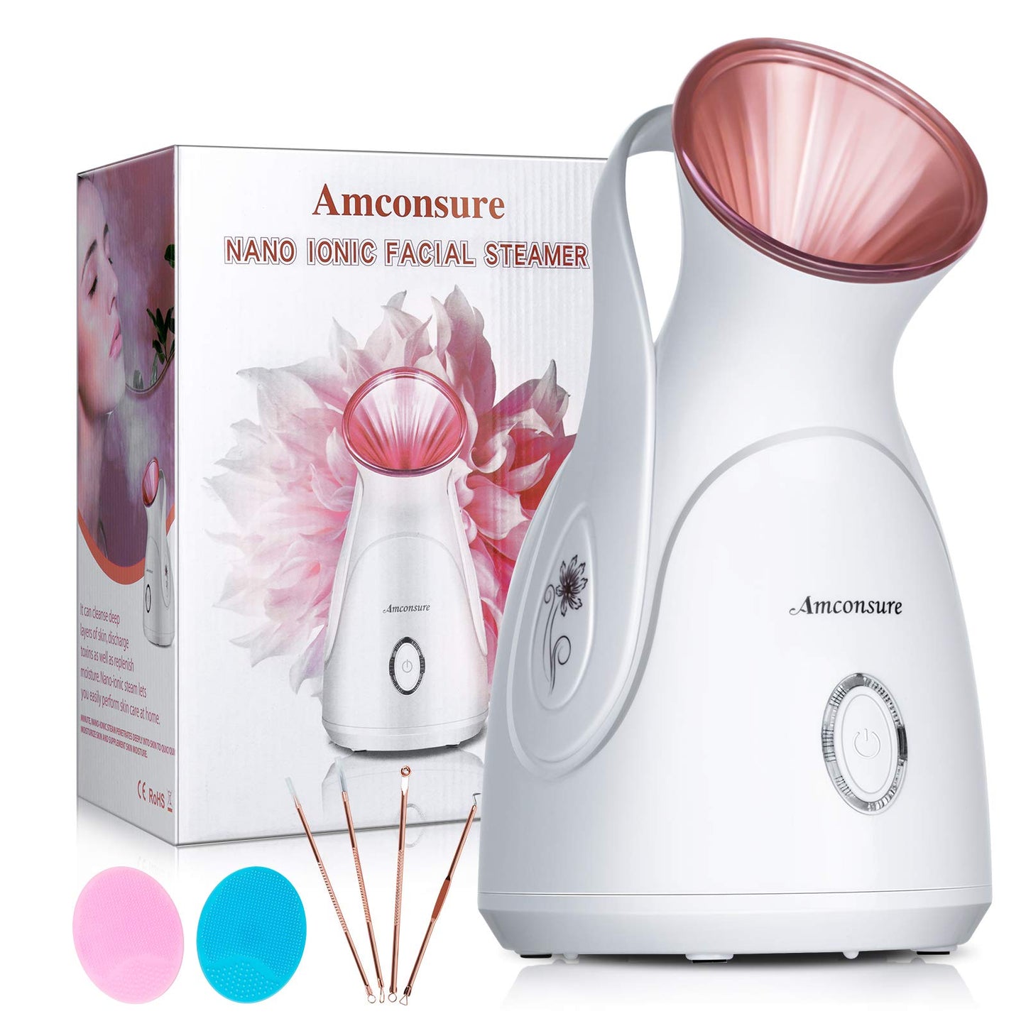 Amconsure - Vaporizador facial nano iónico para el hogar, humidificador facial cálido para mujeres, vaporizador facial hidratante para spa, desatasca los poros, kit de 5 piezas de piel de acero inoxidable y 2 estropajos faciales de silicona