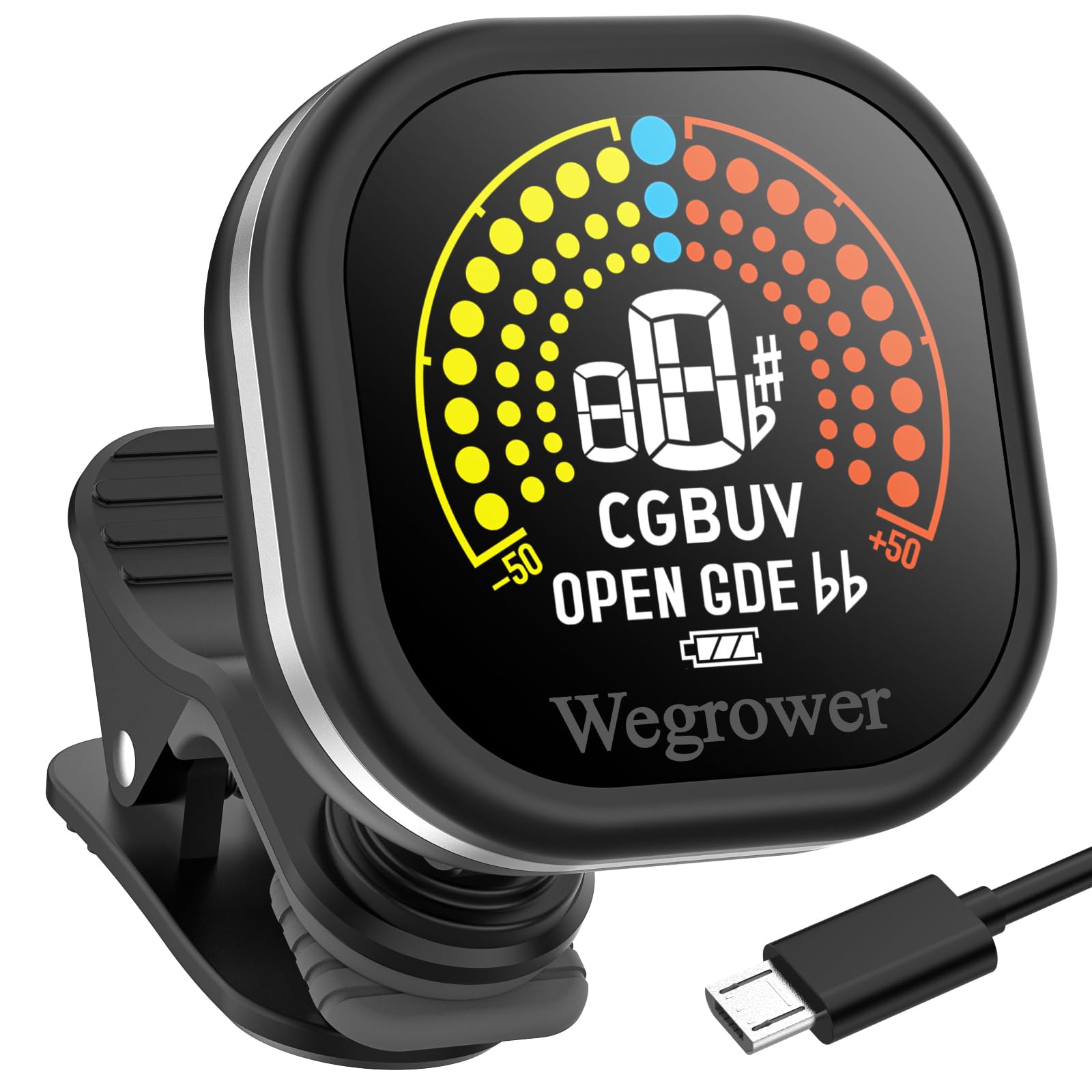 Afinador de guitarra recargable, afinador de clip con visualización LCD a color con guitarra, ukelelele, violín y modos de afinación cromática para todos los instrumentos de cuerda