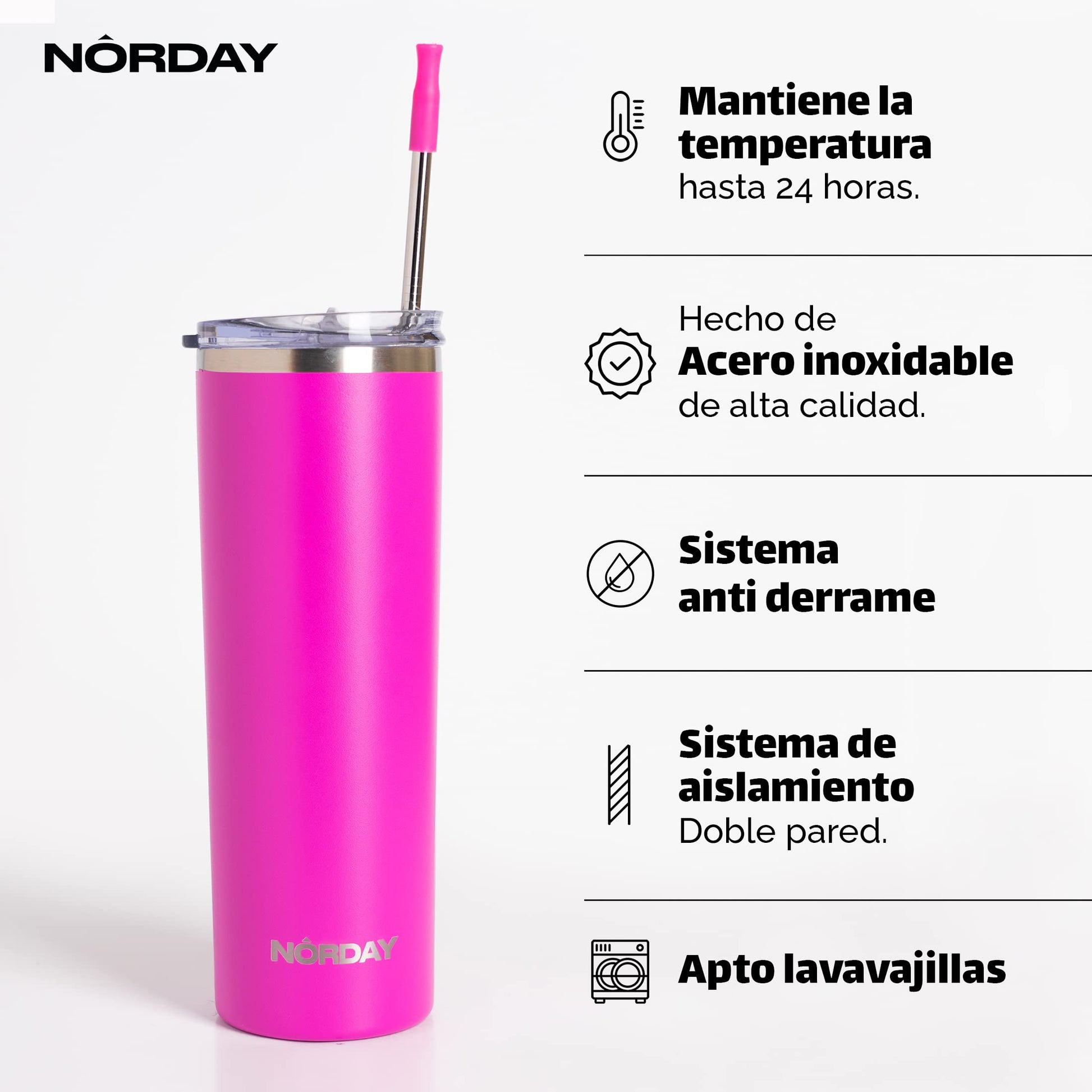 Vaso Térmico Norday Rosa 22 oz Acero Inoxidable Doble Pared Antiderrame 24hs Temperatura para Viaje