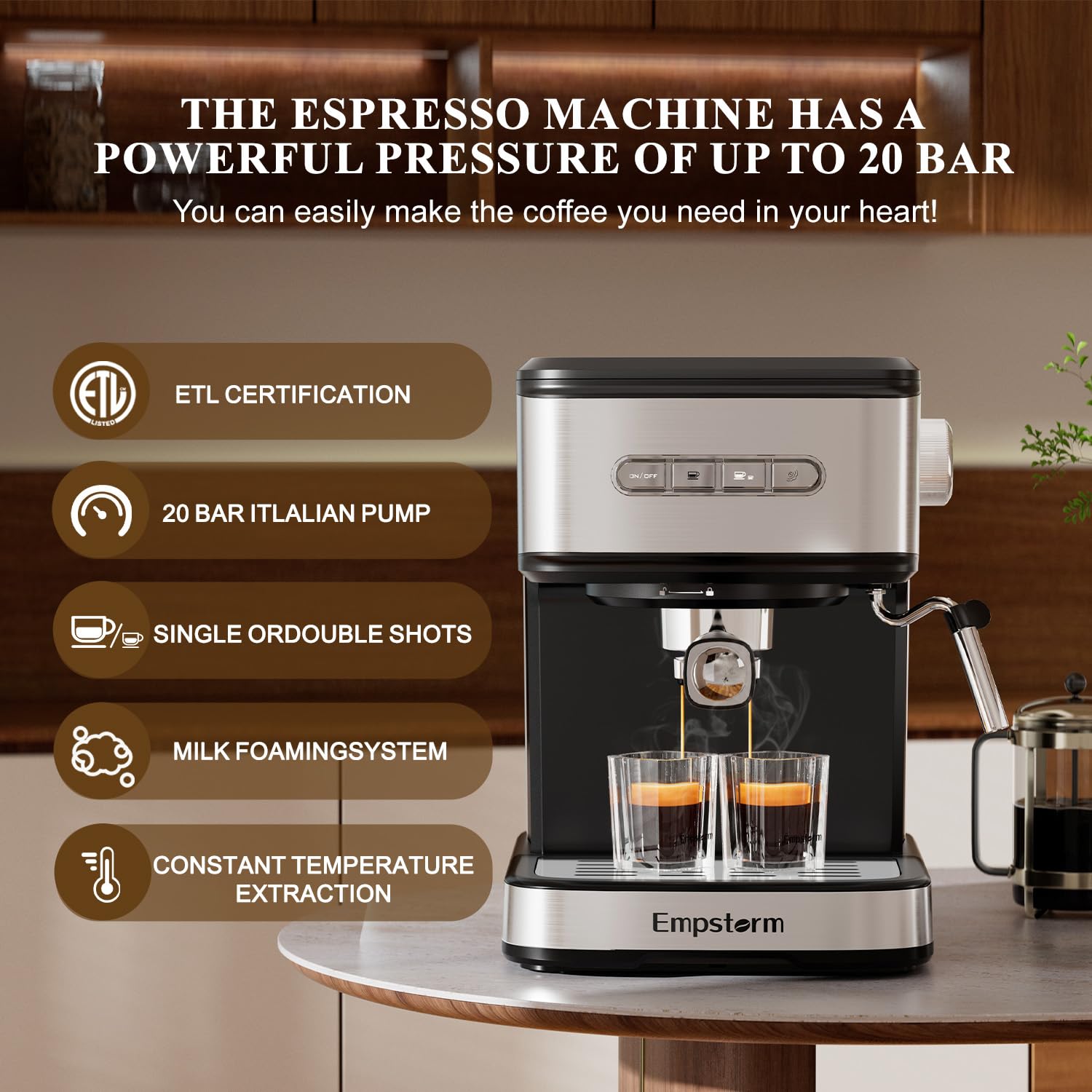 Empstorm - Máquina de café espresso de 20 barras, máquinas de capuchino con espumador de leche, máquina de café con leche para el hogar y barista, función de apagado automático