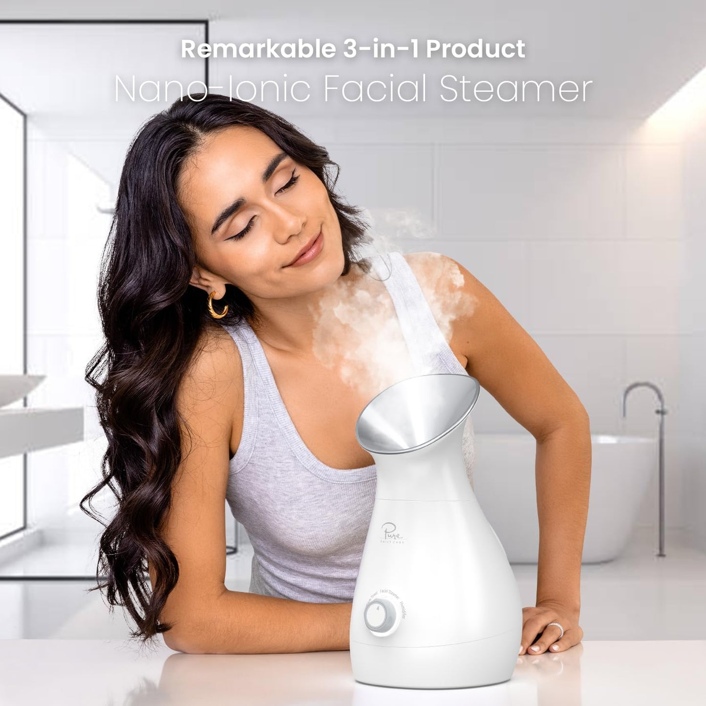 Pure Daily Care Nanosteamer Vaporizador Facial Nano Iónico Grande 3 En 1 Con Control de Temperatura Preciso - Humidificador - Desobstruye Los Poros - Puntos Negros - Calidad Spa - Bonus Kit de Piel de