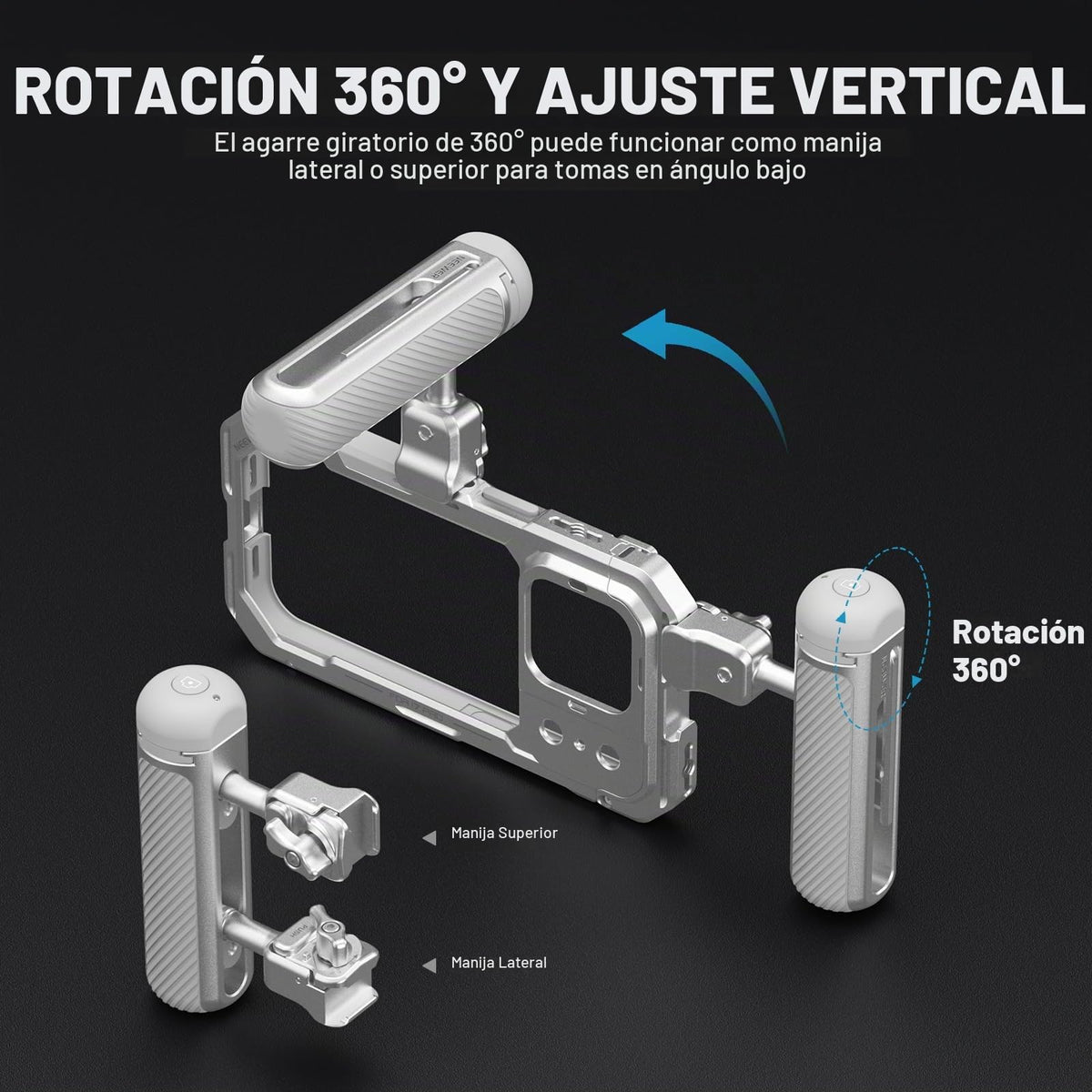 Mango Lateral NEEWER Plateado Gris con Obturador Bluetooth Desmontable y Rotación 360 Grados Compatible con iPhone 16 Pro 16 Pro MAX S25 Ultra