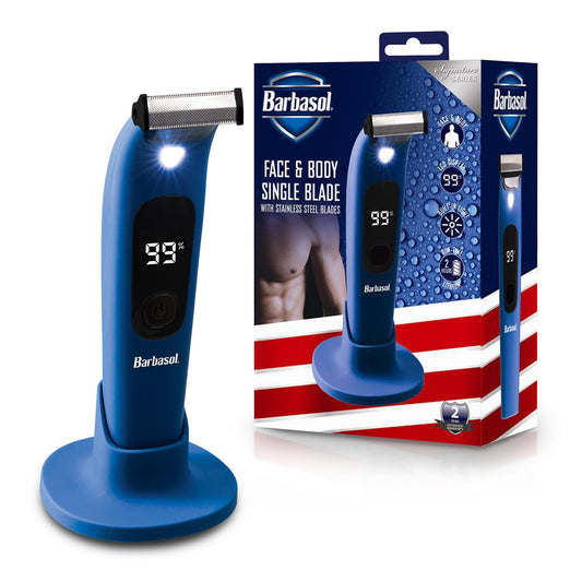 Afeitadora Híbrida Barbasol Azul Recargable para Rostro y Cuerpo con Pantalla LED