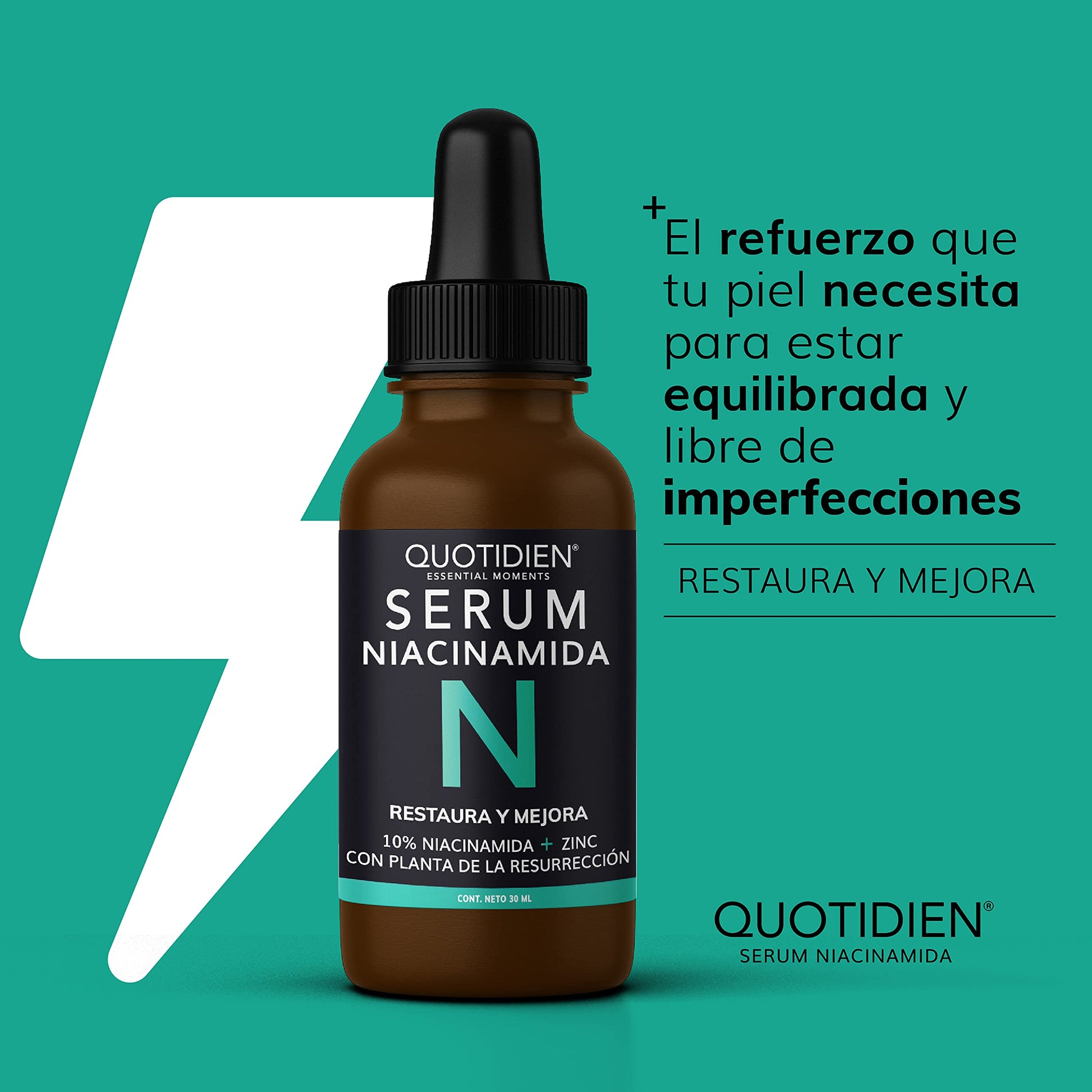 Quotidien | Serum Niacinamida 10% + Zinc + Planta de la Resurrección | Regula la Producción de Grasa | Disminuye Poros e Imperfecciones | Ideal Todo Tipo de Piel | 88% Ingredientes Naturales - 30ml