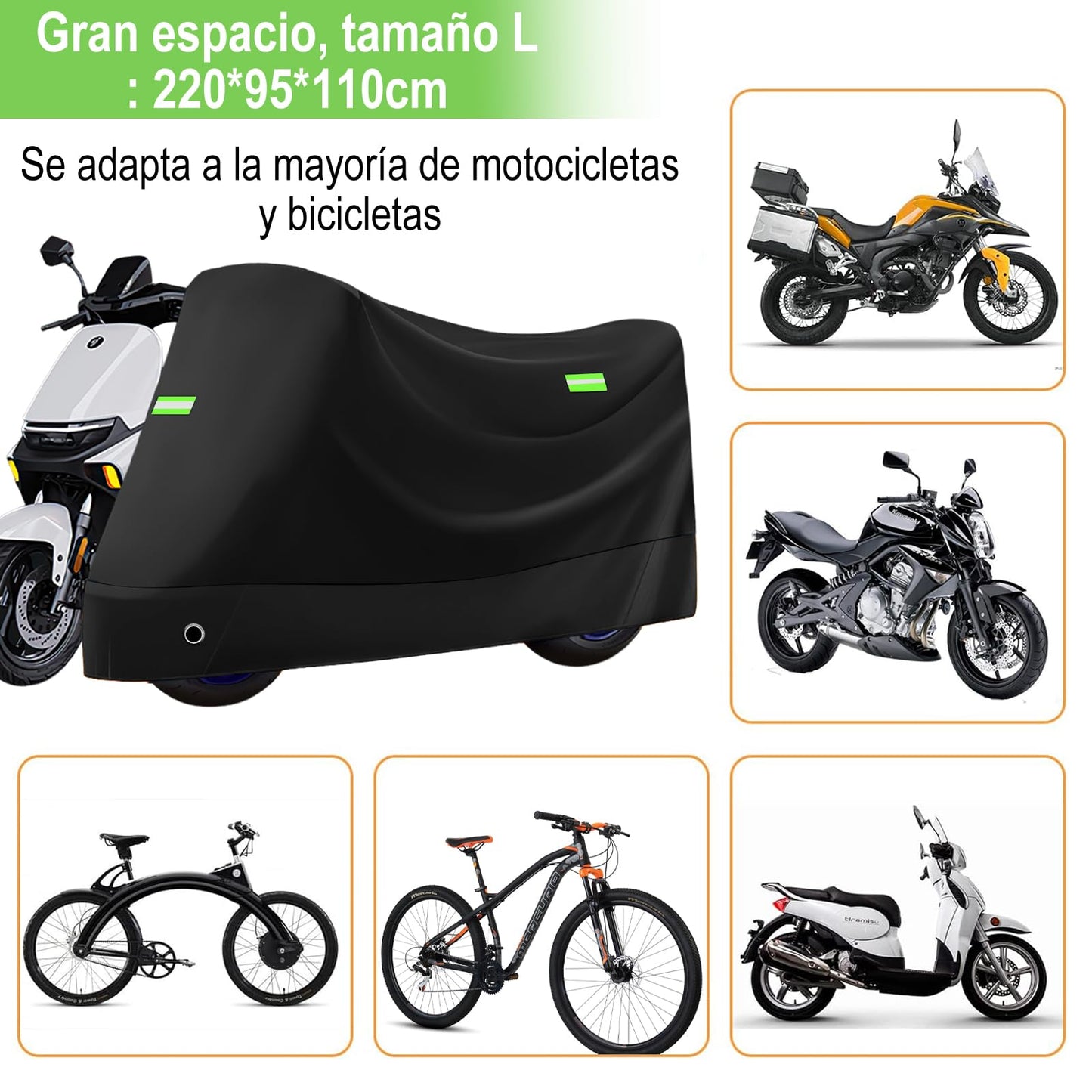 Cubierta Impermeable para Motocicletas, 190T Tela Oxford Cubierta de Bicicleta, Protección contra el Polvo, Lluvia y Clima, 2 Lock-Holes&3 Tiras Reflectantes, para Moto Exterior Interior y Bicicleta