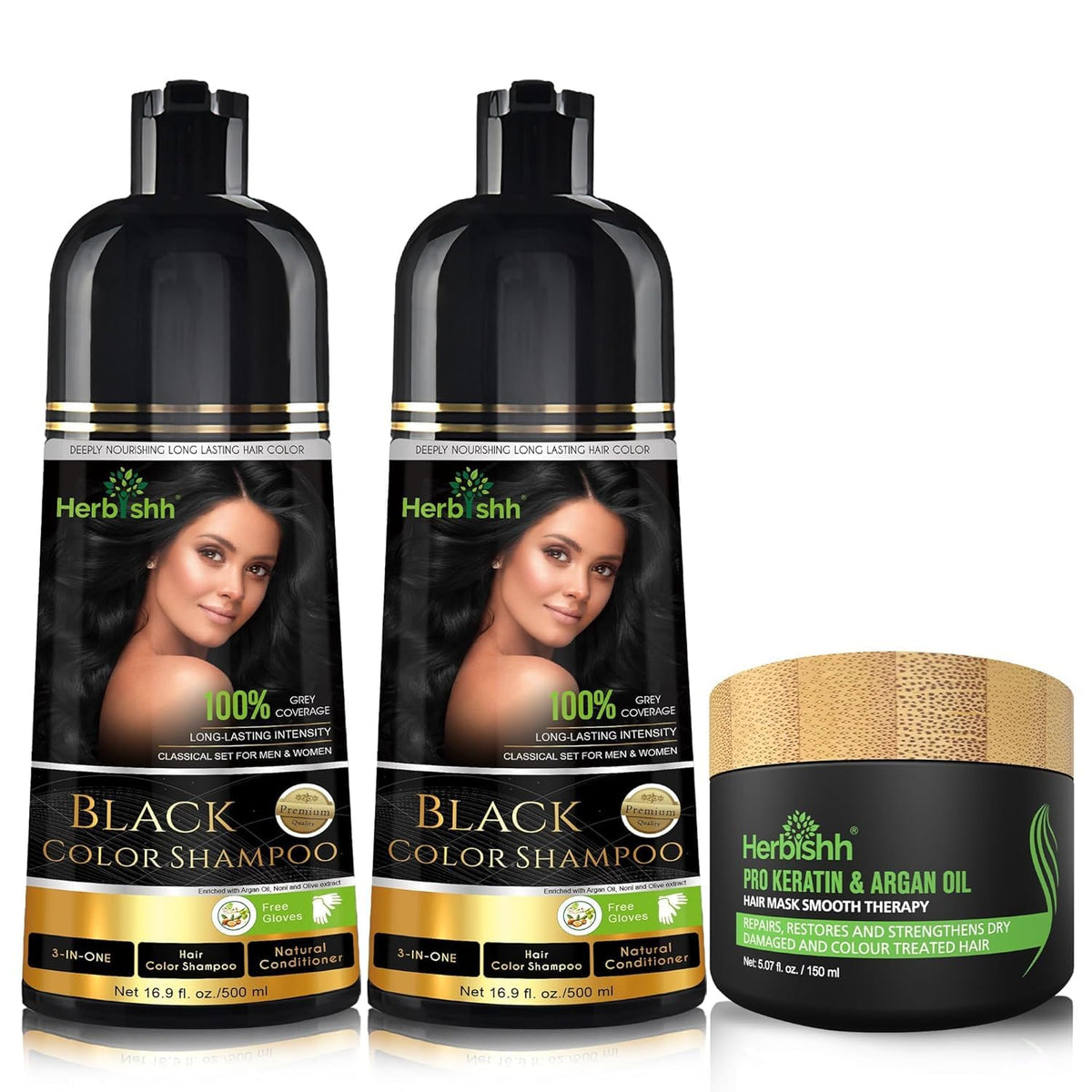 Combo Pack-2pcs Herbishh for Gray Hair Color Shampoo + 1pc Argan Intense Hair Mask- Natural Dye Shampoo – Colors in Minutes – Long-lasting color– 500 Ml –Stimulates Dry Frizzy (Black)