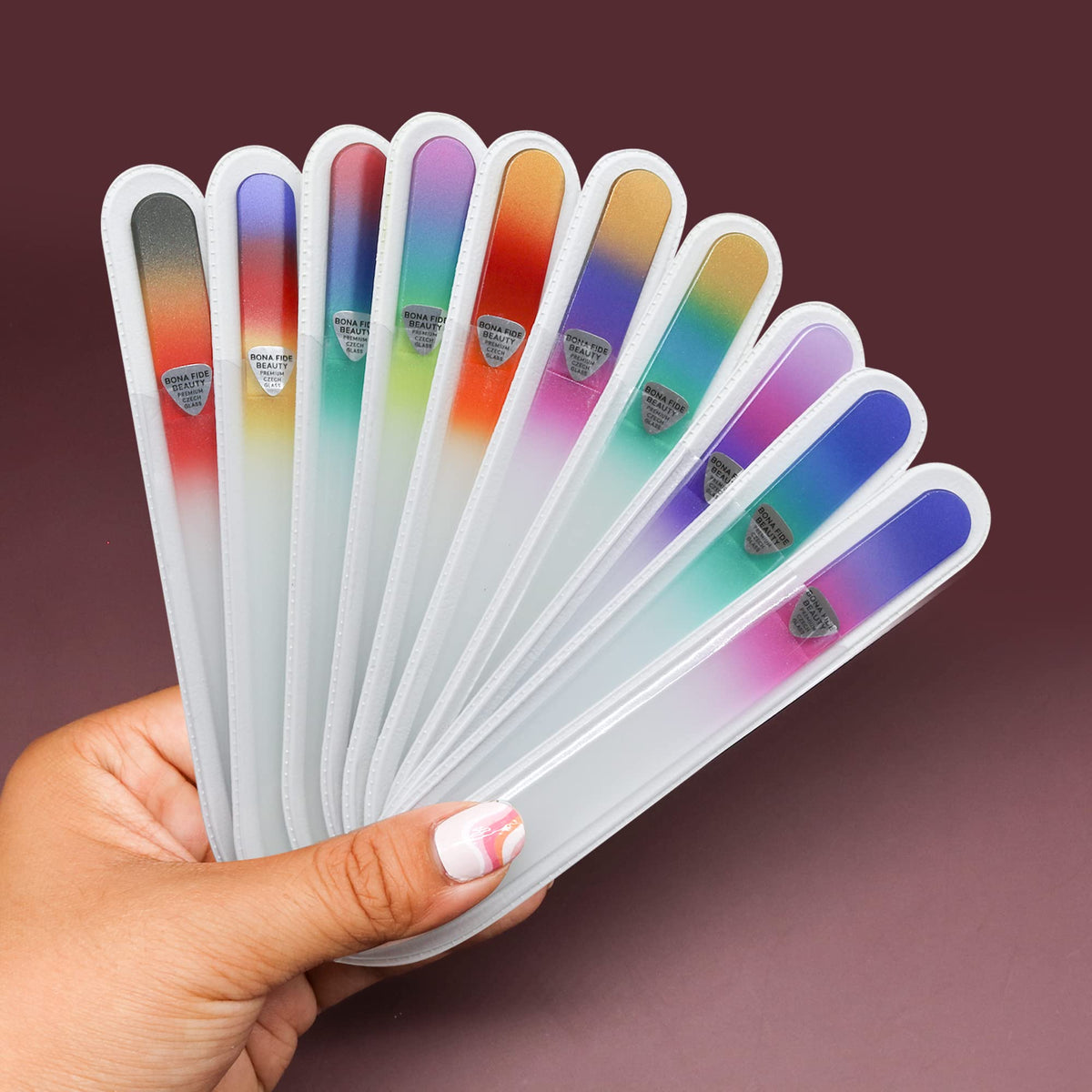 Glass Nail File Manicure Set, Nail Filer for Professional Manicure Nail Care - Bona Fide Beauty (10-Piece Set) Genuine Czech Glass