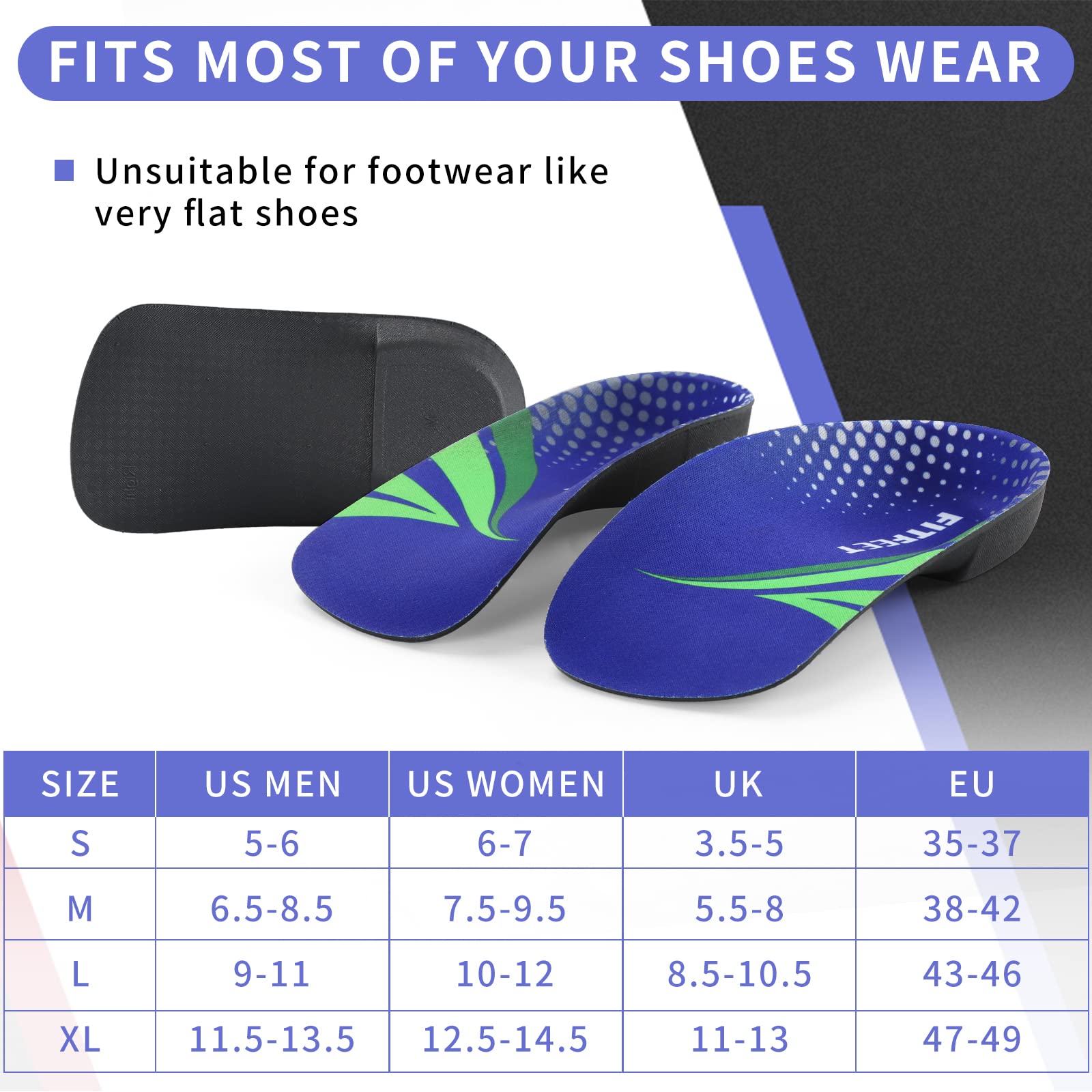 FitFeet Plantillas de soporte de arco alto, inserciones ortopédicas de pie de 3/4 de longitud para sobrepronación, fascitis plantar, pies planos, alivio del dolor, insertos de zapatos para correr deportes hombres y mujeres, Blue&black, L(Men's 9-11, Women