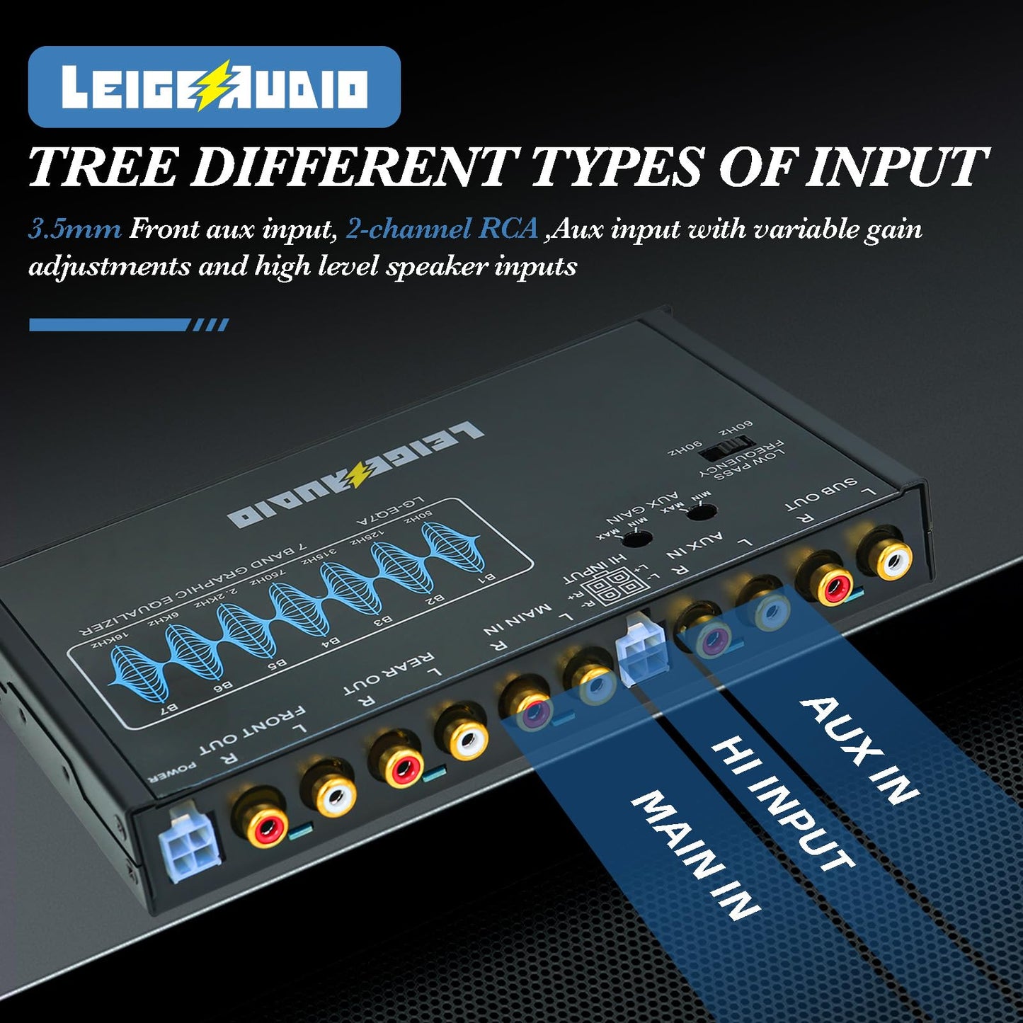 LEIGESAUDIO LG-EQ7A - Ecualizador gráfico de audio para coche de 7 bandas con entrada auxiliar frontal de 3,5 mm, salidas RCA de alto voltaje y entradas de altavoz de alto nivel
