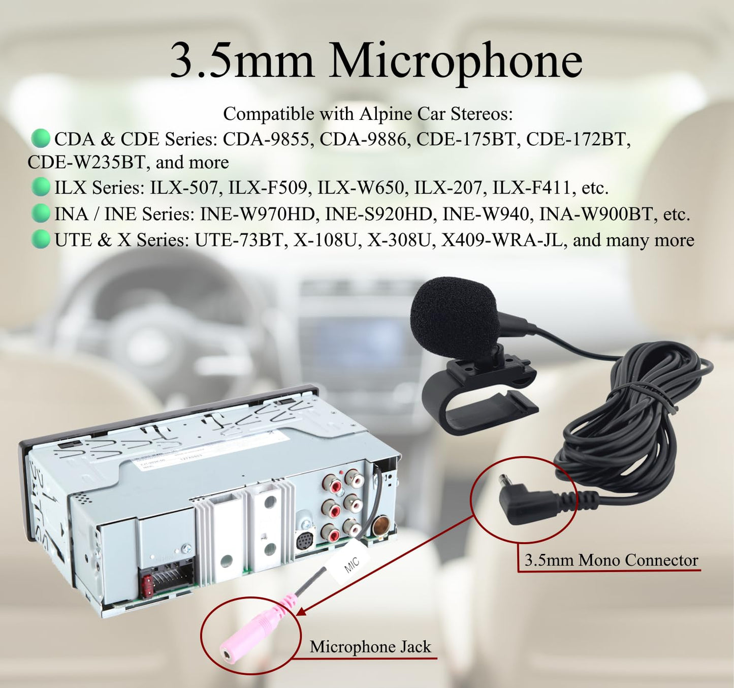 Micrófono de repuesto compatible de 3,5 mm para receptor estéreo de coche Alpine CDA CDE ILX INE INA UTE X-Series - Micrófono de tablero con clip para control de voz Bluetooth y audio de llamada