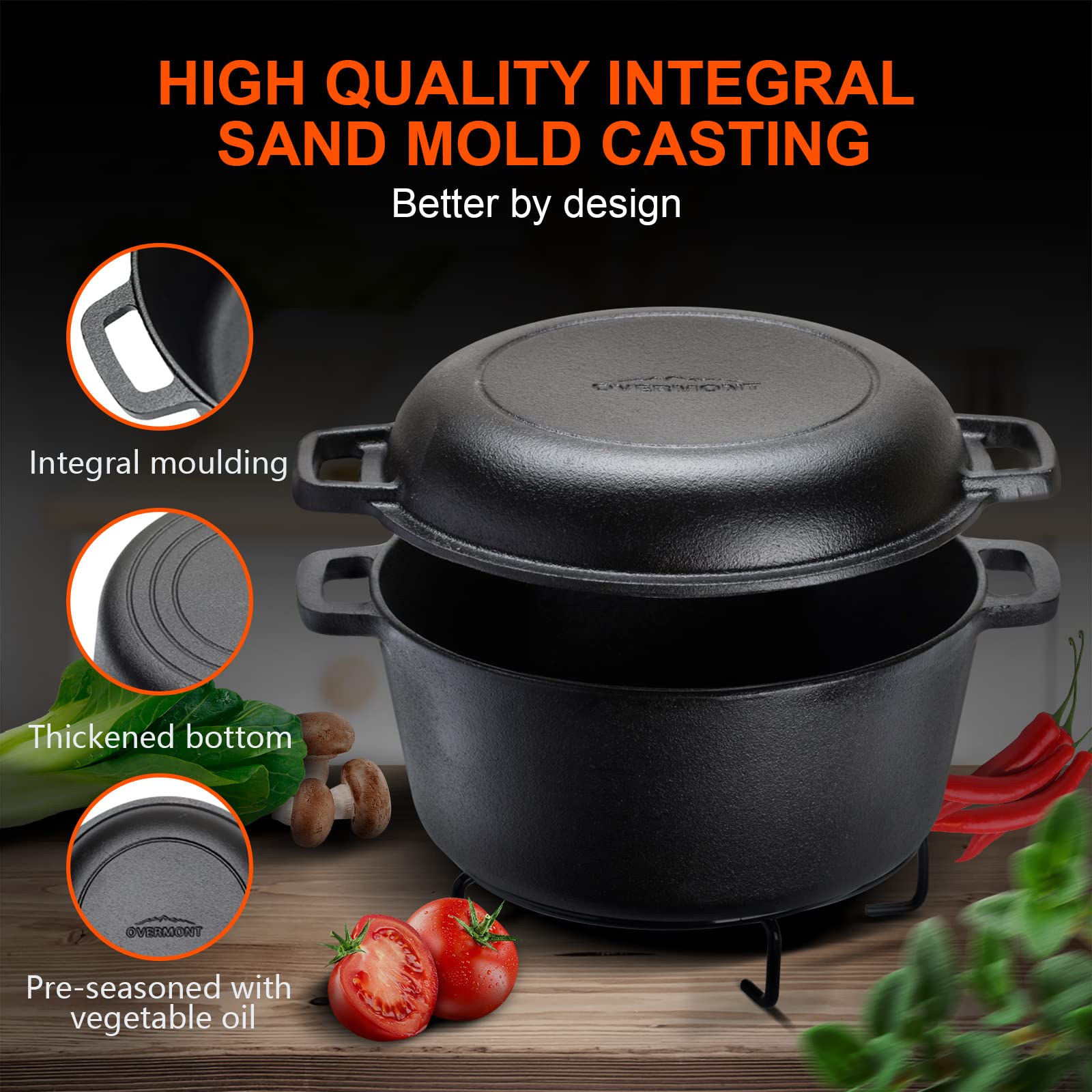 Overmont - Horno holandés presazonado 2 en 1 con tapa de sartén para inducción, eléctrica, parrilla, estufa, barbacoa, camping (5 cuartos de galón)