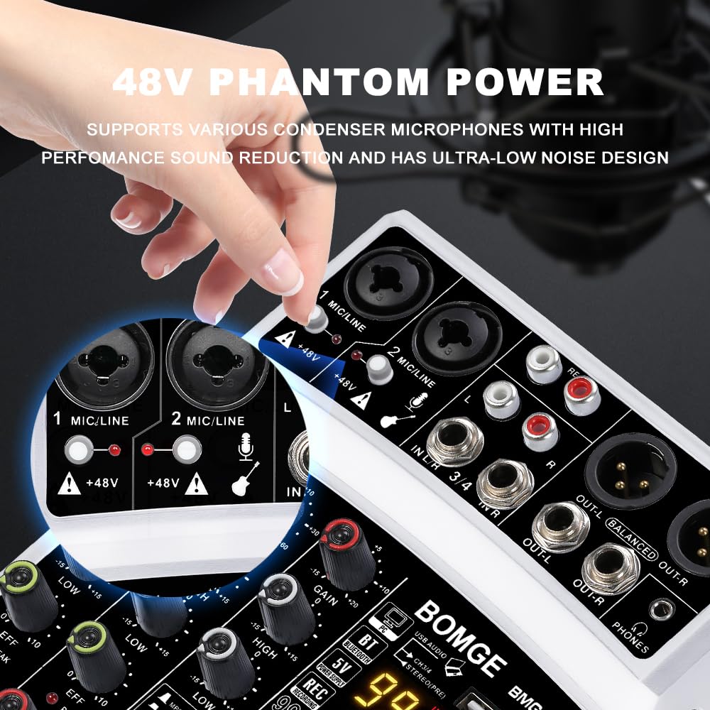 BOMGE - Mini mezclador de audio Bluetooth de 4 canales con procesador 99DSP, interfaz USB, grabación estéreo, alimentación fantasma de 48 V para PC, teléfono (blanco)