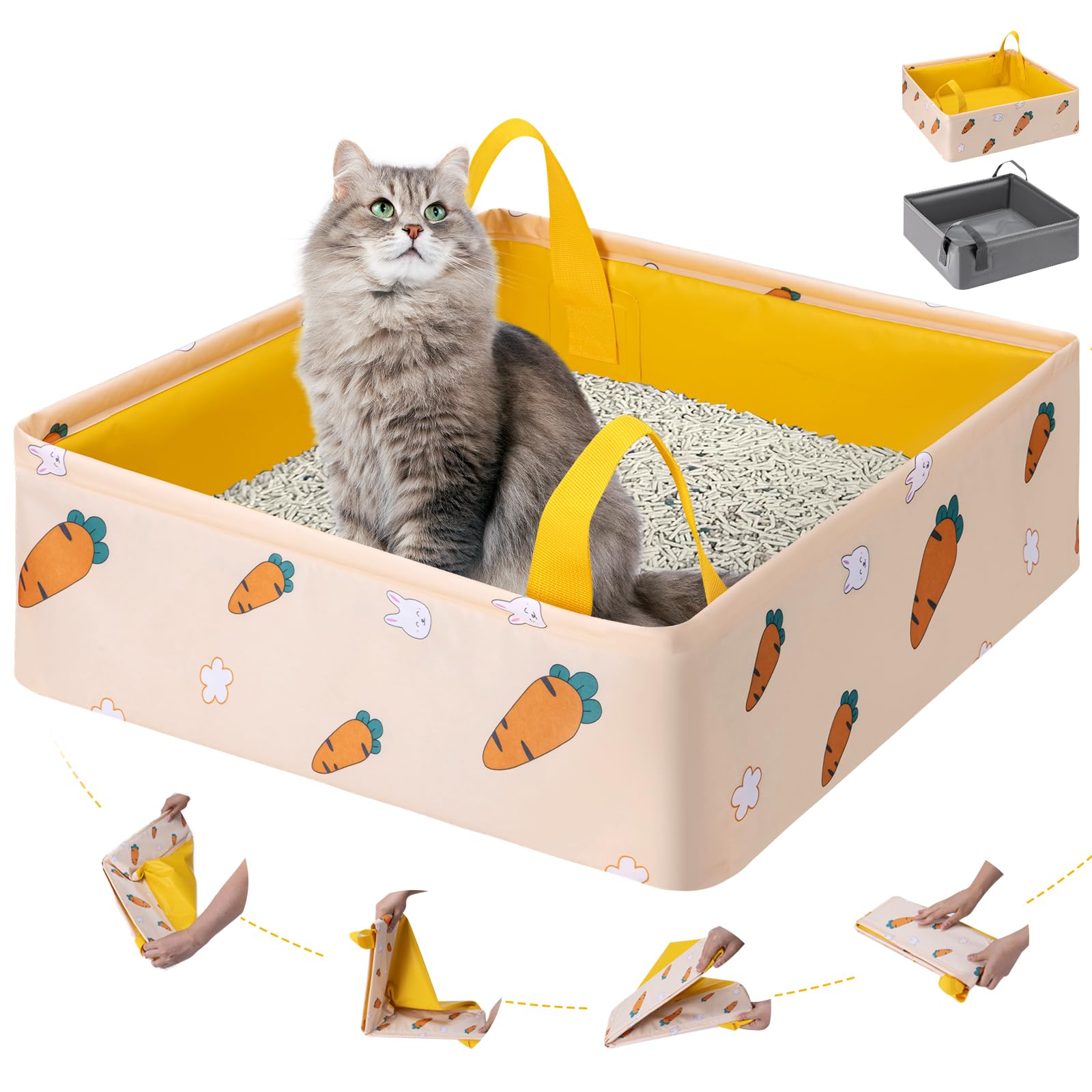 LESUCCI Caja de Arena para Gatos Portátil, Caja de Arena Plegable para Gatos con Asa Estándar para Viajes, Sin Fugas, Impermeable, Ideal para Gatos Medianos Y Pequeños, Fácil de Limpiar (Amarillo)