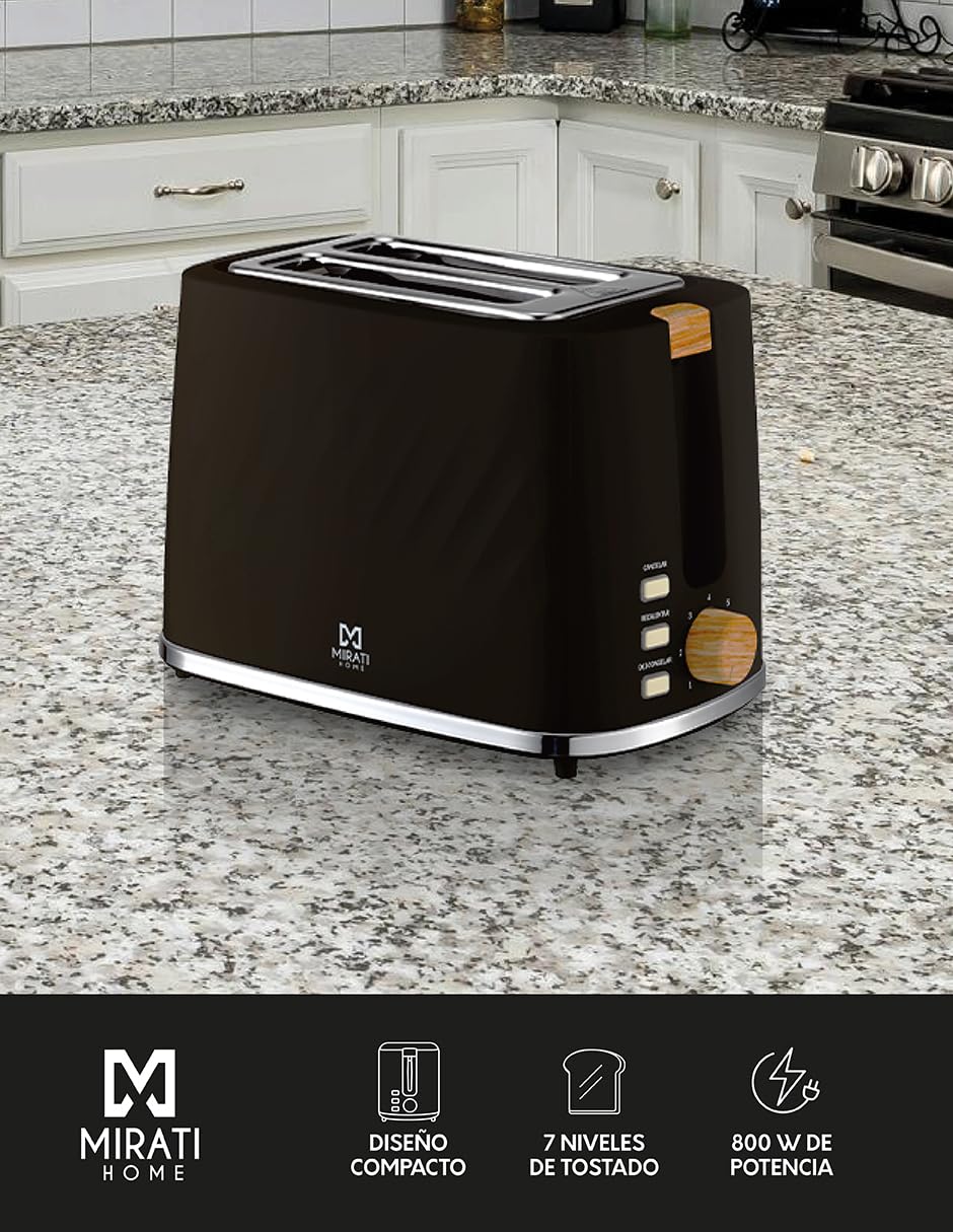 Tostador Mirati 800 Watts, 7 Niveles de tostado, Color negro. Modelo MBT01N