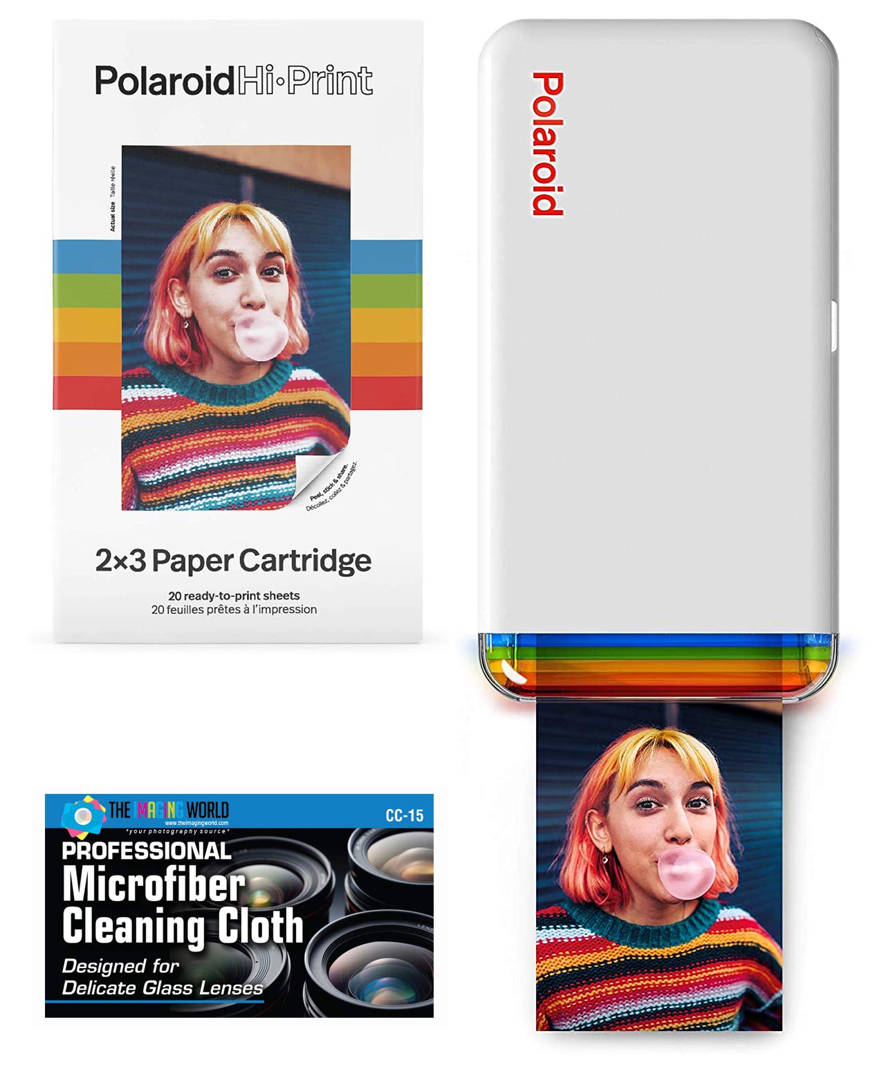 The Imaging World Polaroid Hi-Print - Impresora fotográfica de bolsillo con conexión Bluetooth de 2 x 3 con cartucho de papel Polaroid Hi·Print 2 x 3 (20 hojas) y paño de microfibra
