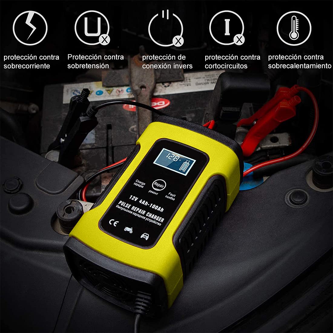 DQST Cargador de Bateria de Auto 12V 6A con LCD Pantalla, Ajuste Inteligente de Corriente para Cargar y Proteger La Batería. Aplicado a Coche, Motocicleta, SUV.