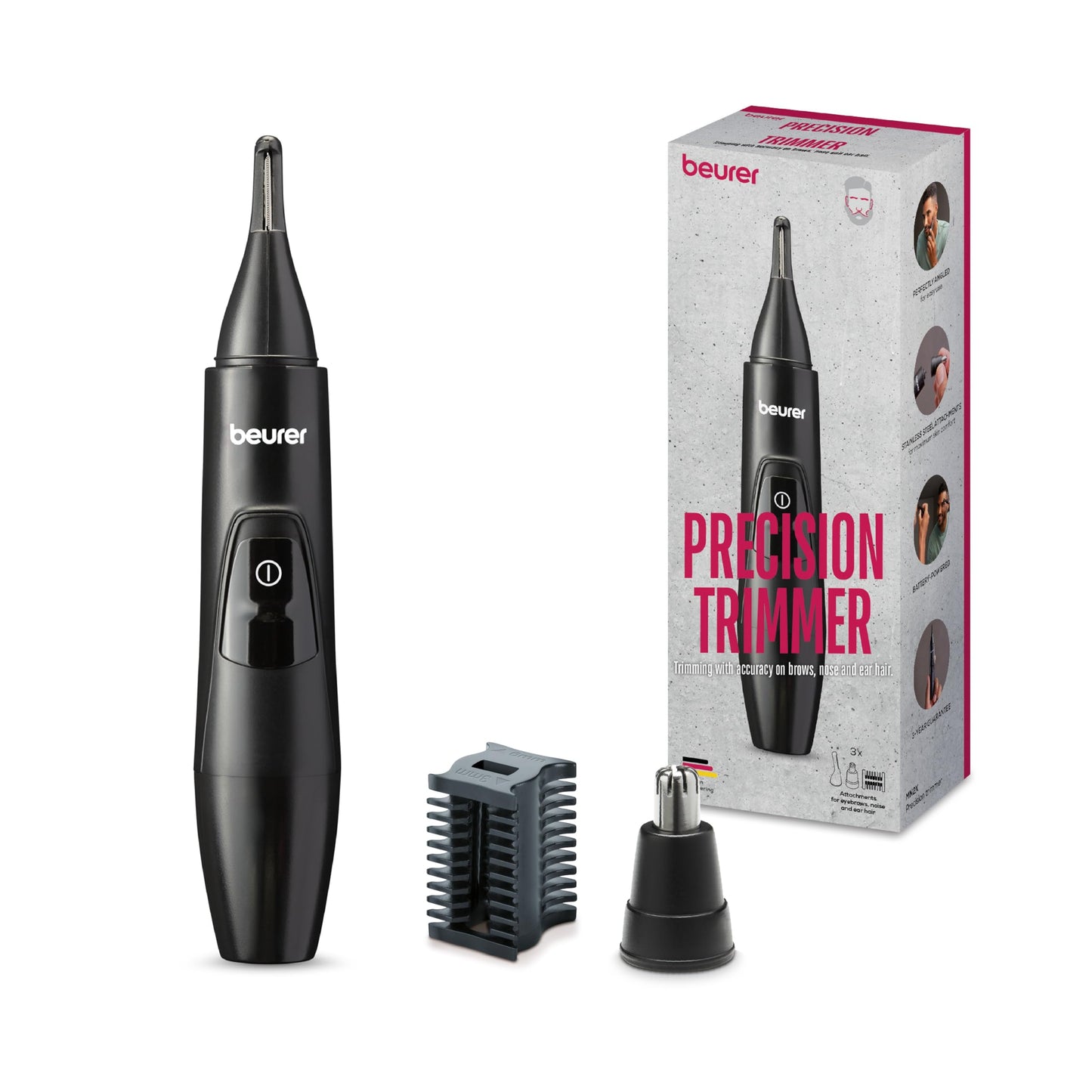 Beurer MN2X Recortadora de Nariz, Orejas y Cejas para Hombre y Mujer, Trimmer de Precisión con Accesorios de Acero Inoxidable y Resistente a Salpicaduras