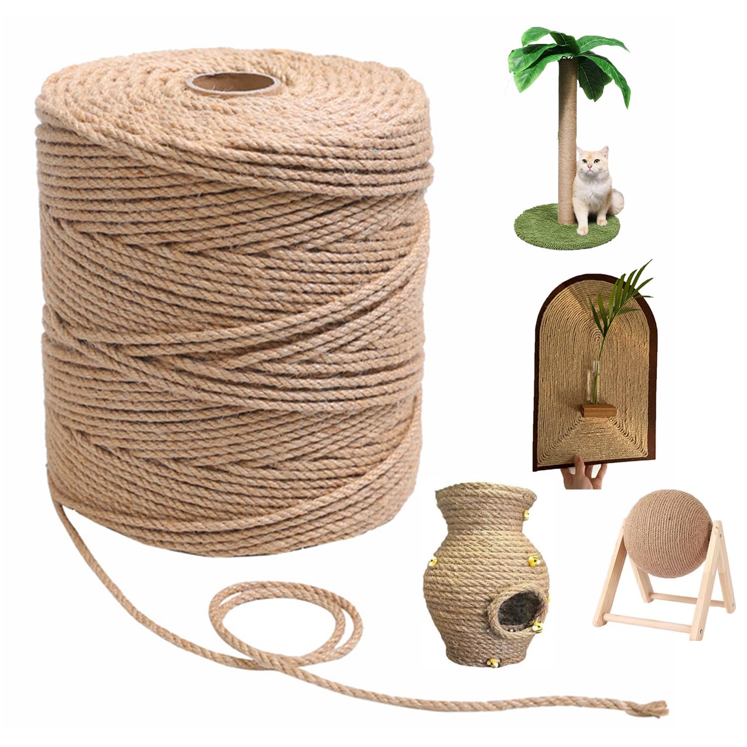 AEVIORA Cuerda de Sisal Natural para Gato Rascar, Cuerda de Yute Natural de 5MM*100M de Grosor para Postes de Arañazos, Duradero y No Suelto, Adecuado para Reparación y Reemplazo de Árboles de Gatos