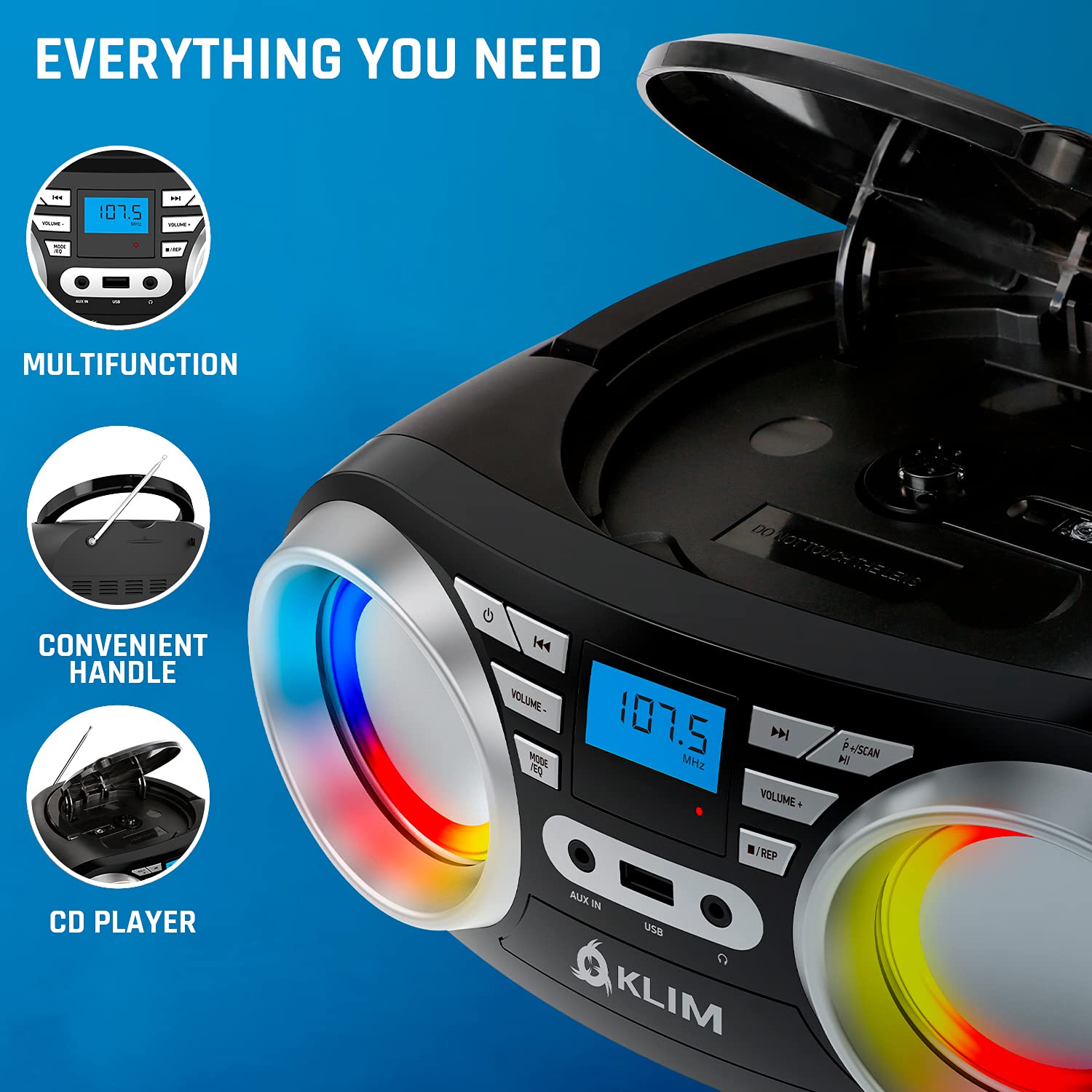 KLIM B3 CD Boombox Reproductor de CD de audio portátil, radio FM, batería recargable, Bluetooth, MP3 y AUX (renovado)