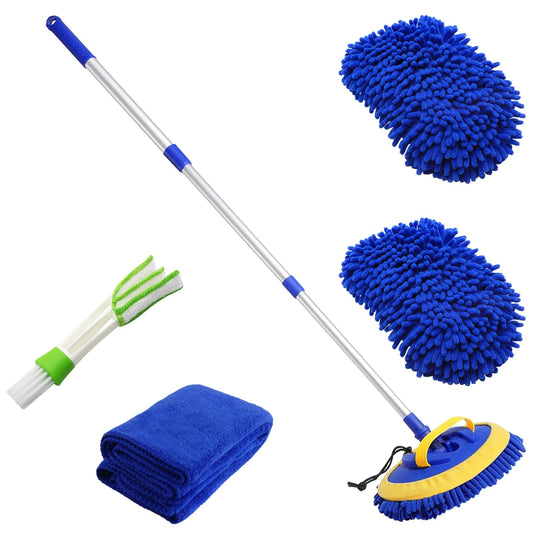 Bonieset Chenilla Microfibra Cepillo para Polvo de Lavado de Coche con Mango Largo, Kit de Limpieza de Coche Incluye Cepillo de Lavado de Coche, Cabezales de fregona, Toalla, Plumero de ventilación