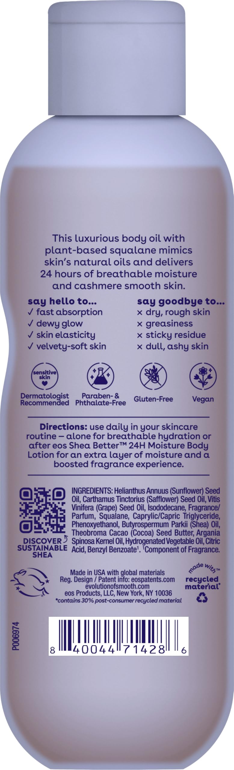 eos Aceite Corporal De Cachemira Vainilla Y Cachemira Hidratación 24 Horas Escualano Vegetal Para Calmar Suavizar Y Alisar La Piel Seca 177 Ml Blanco